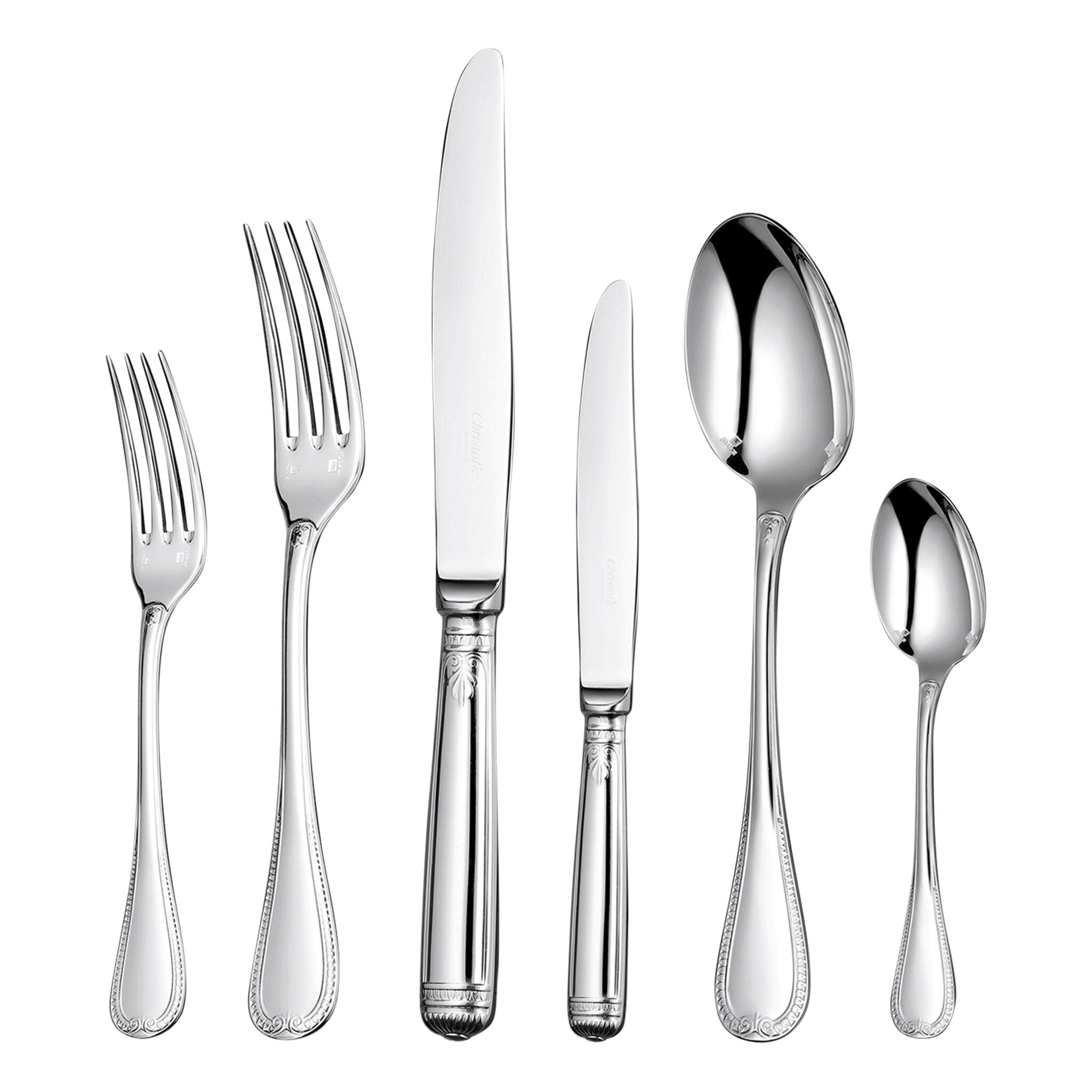 Christofle Malmaison Flatware Set for 12 People (110 Pieces) with Chest in silver-plate on a white background