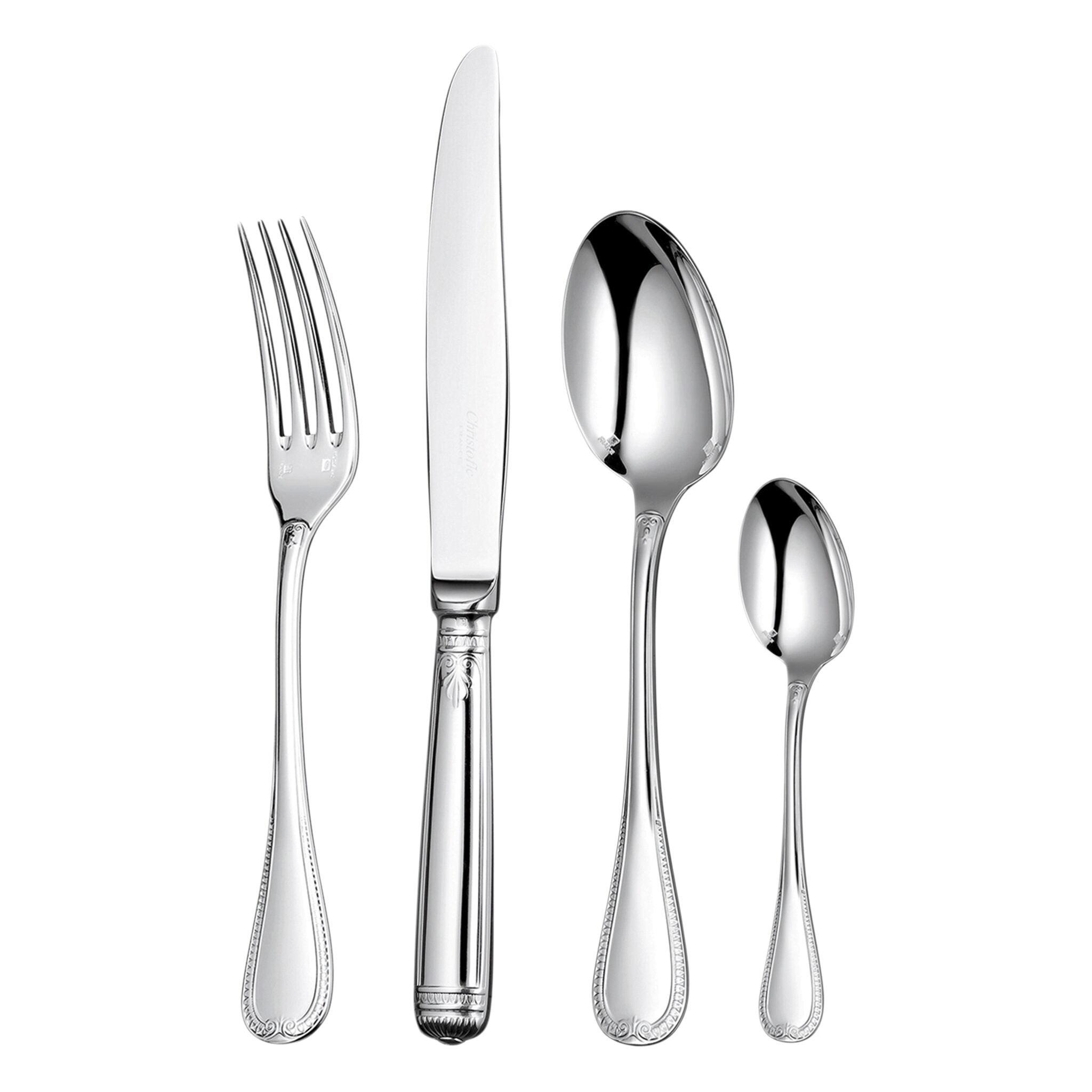 Christofle Malmaison 24-Piece Silver-Plated Flatware Set with Storage Box in silver-plate on a white background
