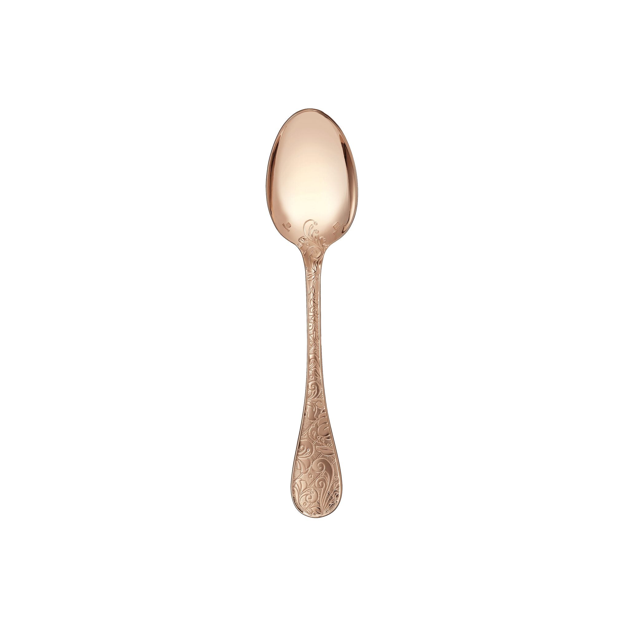 Christofle Jardin d'Eden Gilded Rose Gold Dessert Spoon in silver-plate on a white background