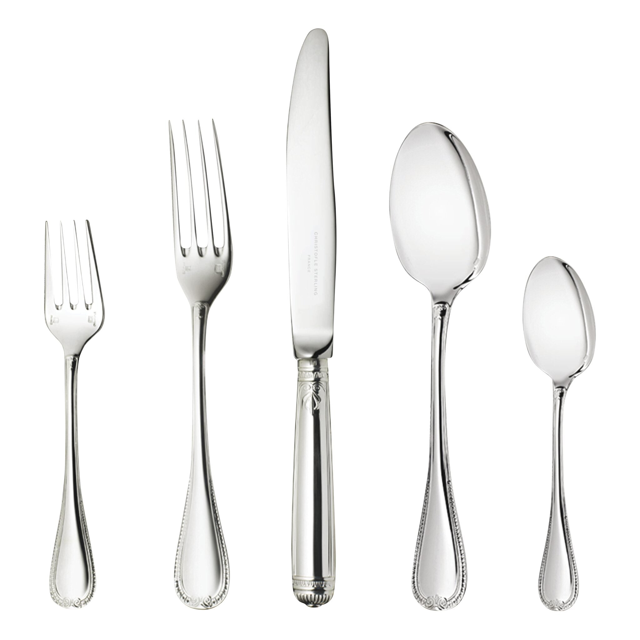 Christofle Malmaison Sterling Silver 5-Piece Flatware Set in sterling silver on a white background