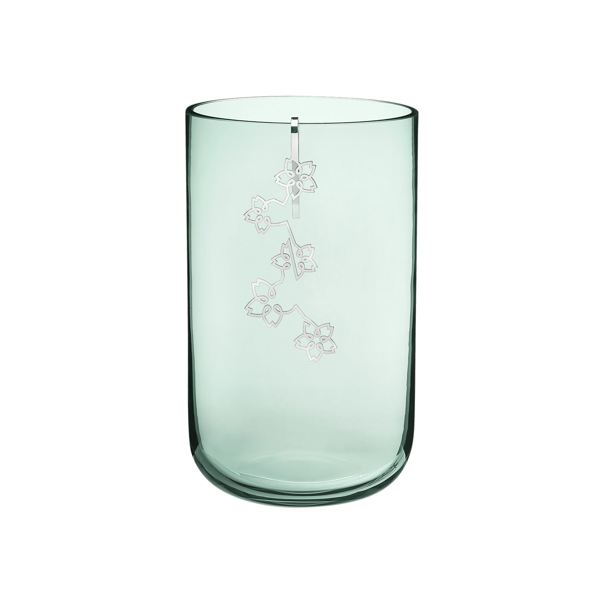 Christofle Constellation Medium Green Glass Vase with Silver-Plated Ornament in silver-plate on a white background