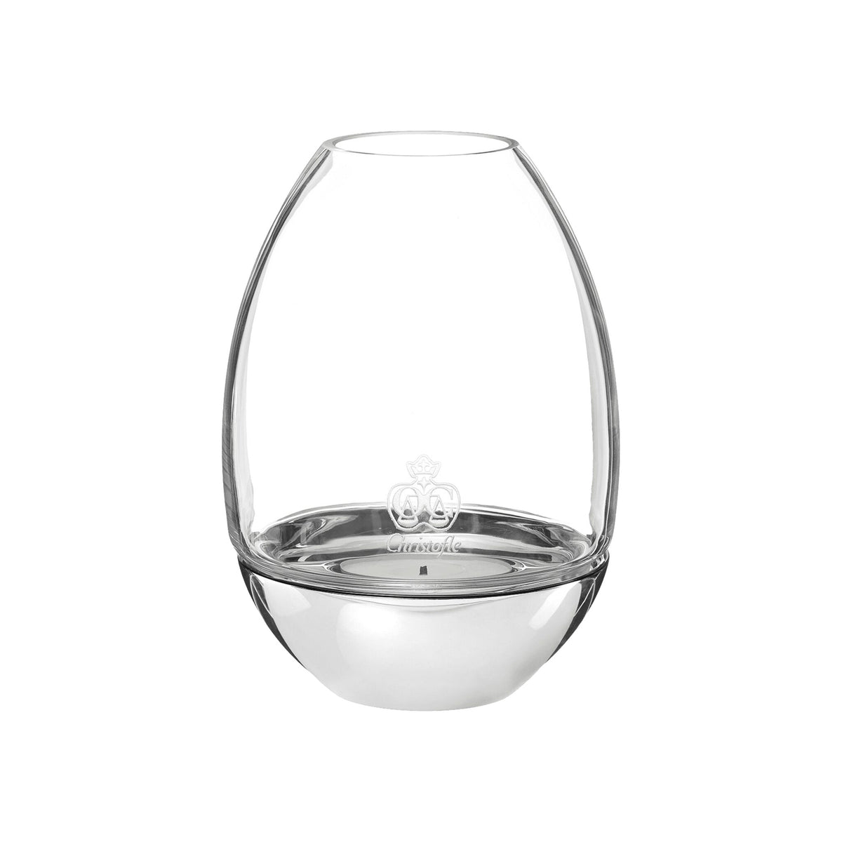 Christofle Mood Nomade Small Stainless Steel & Glass Hurricane on a white background