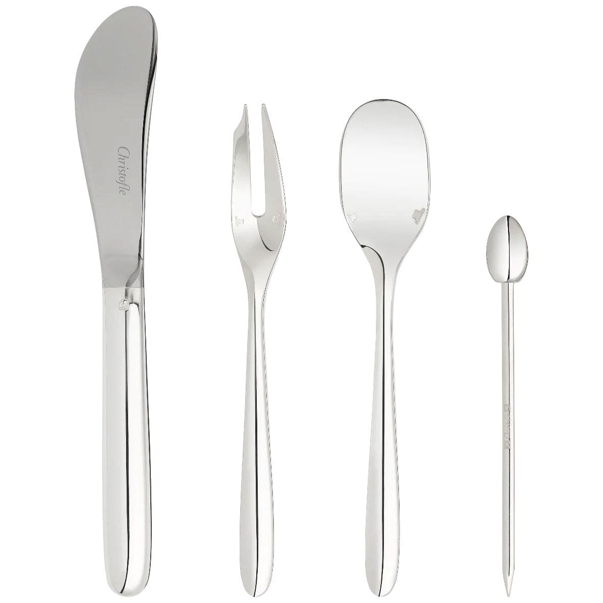 christofle mood silver-plated butter knife, small spoon, appetizer/dessert fork, cocktail pick