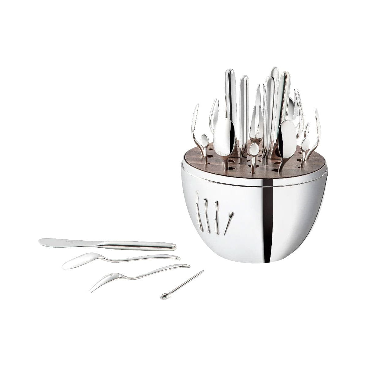 christofle mood egg-shaped silver-plated flatware chest with a set of 24 appetizer flatware, 6 butter knives, 6 small spoons, 6 appetizer/dessert forks, 6 silver-plated cocktail picks, 1 storage capsule
