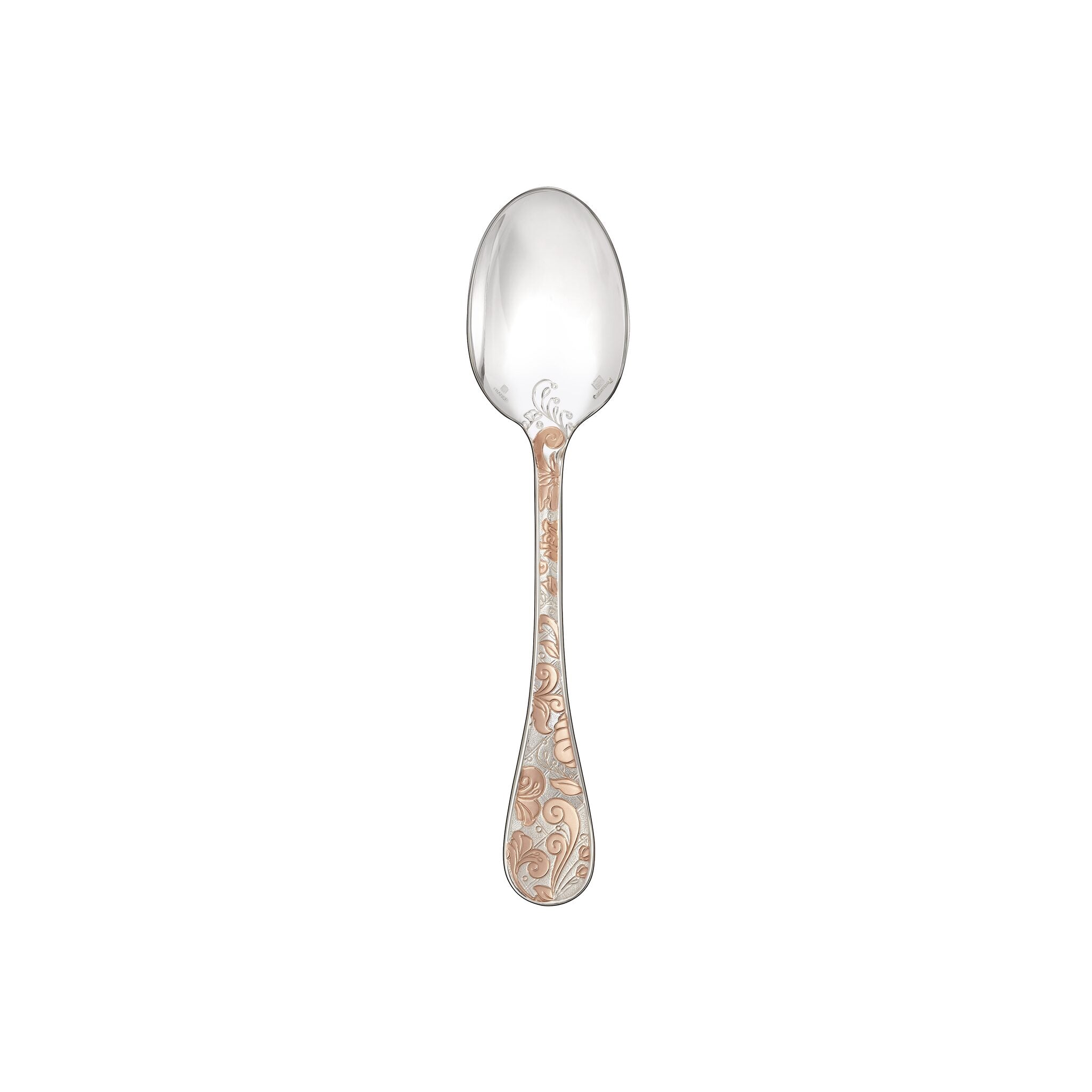 Christofle Jardin d'Eden Partially Gilded Rose Gold Dessert Spoon in silver-plate on a white background