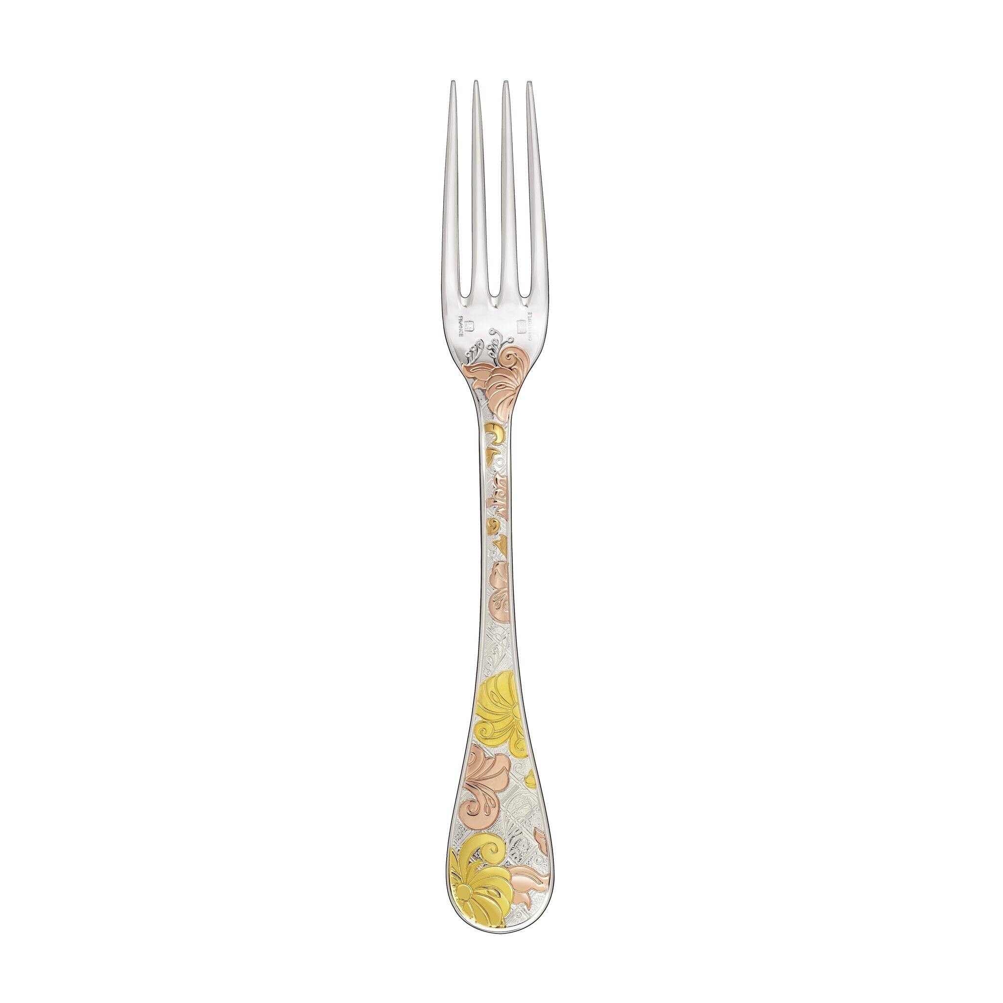 Christofle Jardin d'Eden Partially Gilded Rose & Yellow Gold Dinner Fork in silver-plate on a white background