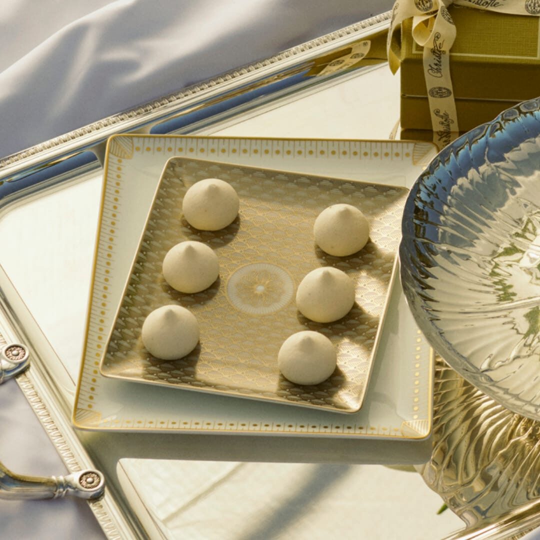 Christofle Malmaison Gold Finish Porcelain Rectangular Tray - 6.7 X 6 in in porcelain on a white background