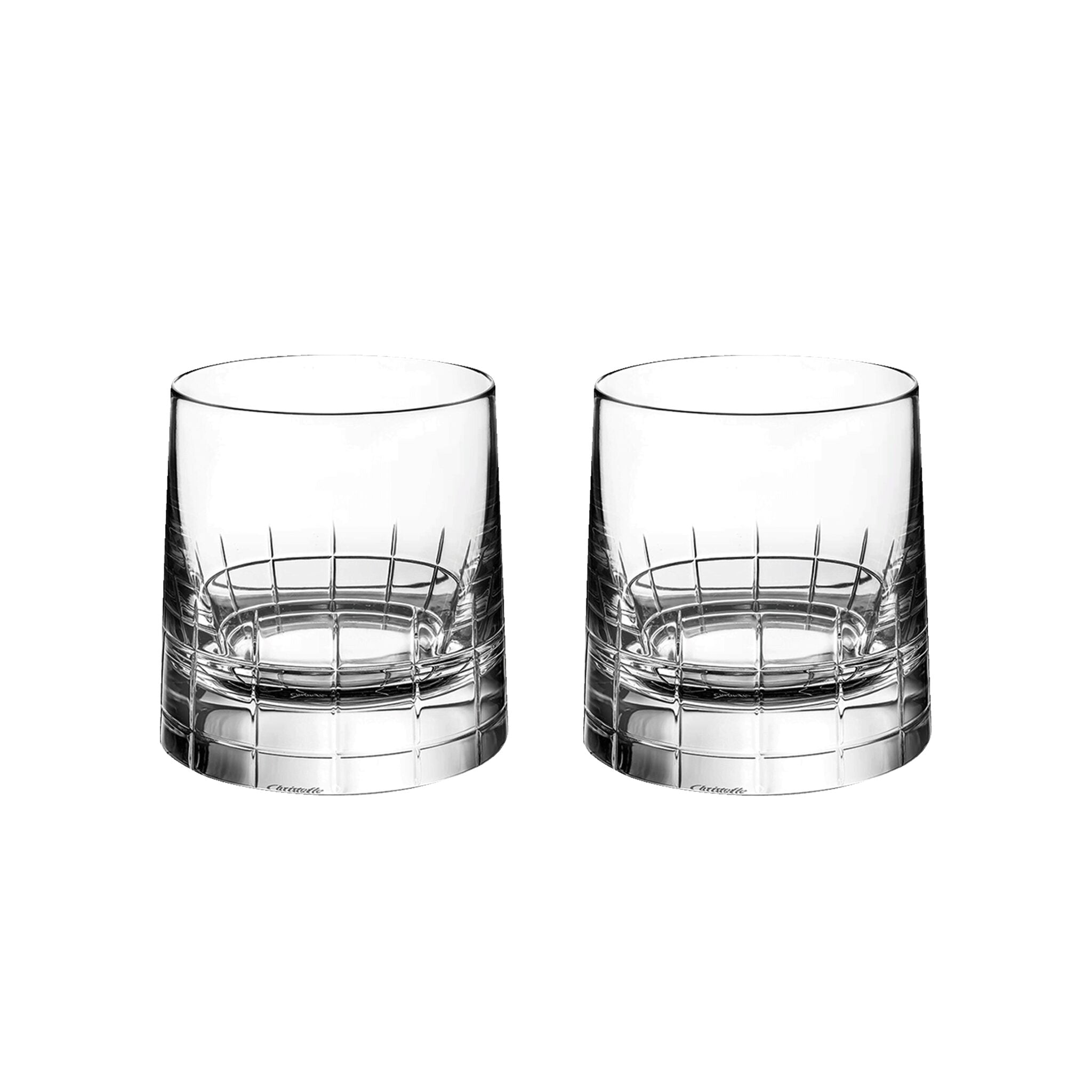 Christofle Graphik Crystal Old Fashioned Glass Set in crystal on a white background