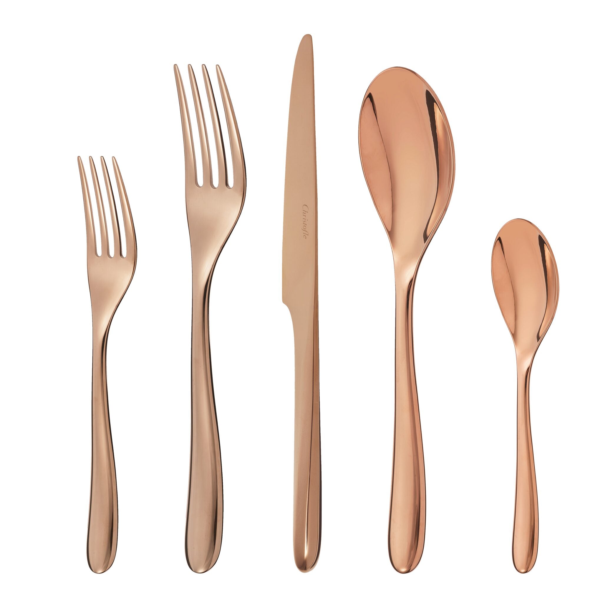 Christofle L'Ame de Christofle Stainless Steel Copper 5-Piece Flatware Set in stainless steel on a white background