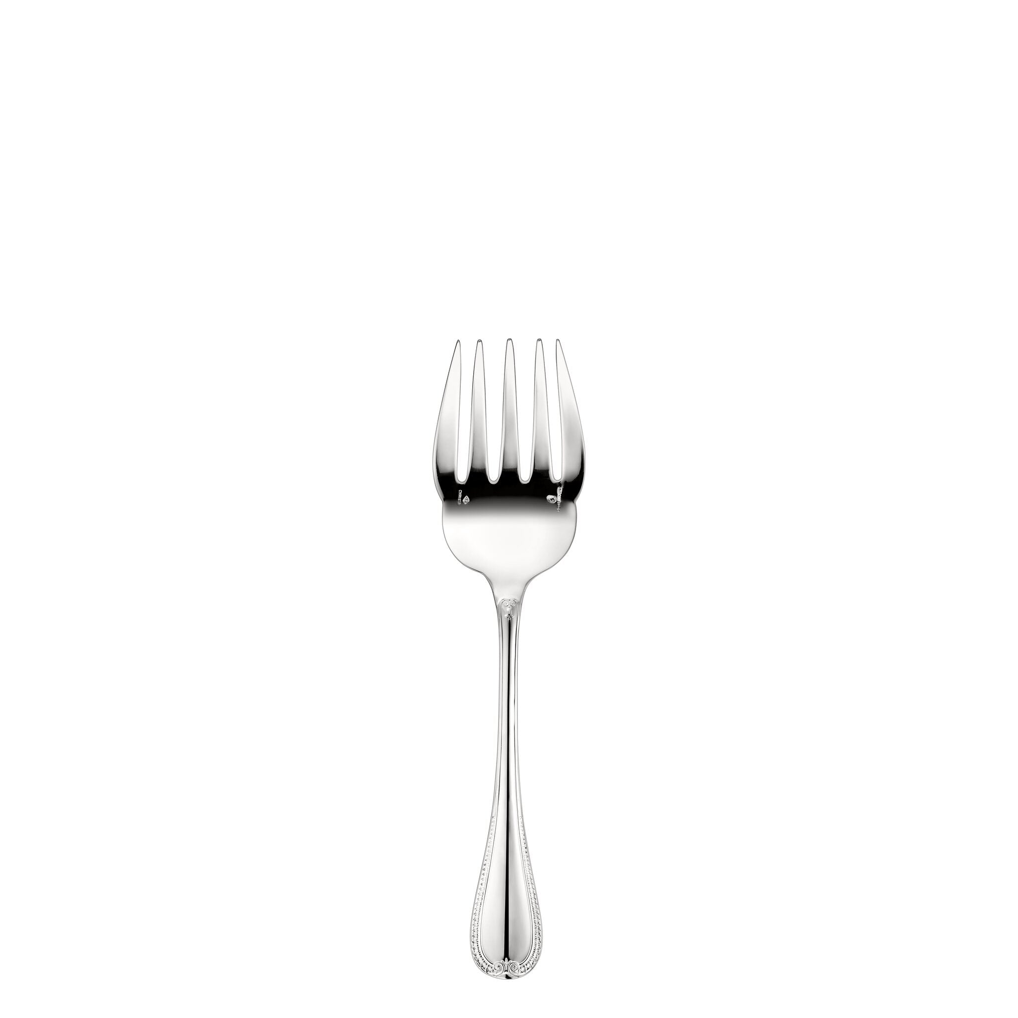 Christofle Malmaison Sterling Silver Fish Serving Fork in sterling silver on a white background
