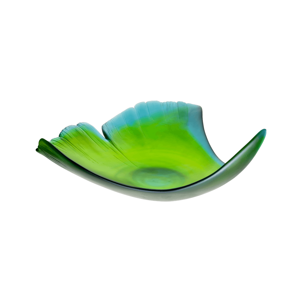 Daum Ginkgo Large Leaf Bowl in Green, handcrafted Daum crystal