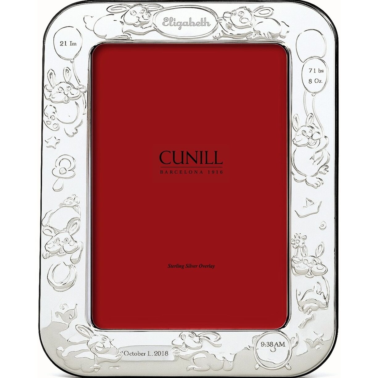 Cunill Bunnies Sterling Silver 4x6 Birth Record Picture Frame, sterling silver picture frame, on a white background