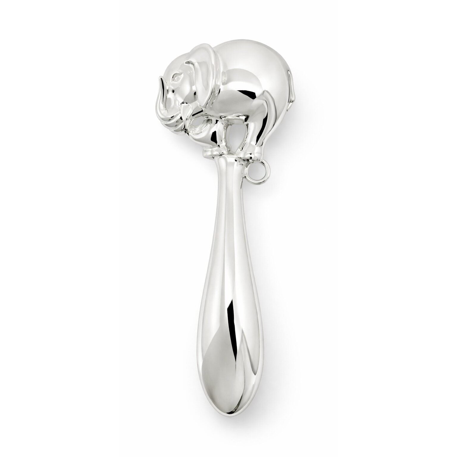 Cunill Elephant Sterling Silver Baby Rattle, sterling silver baby rattle, on a white background