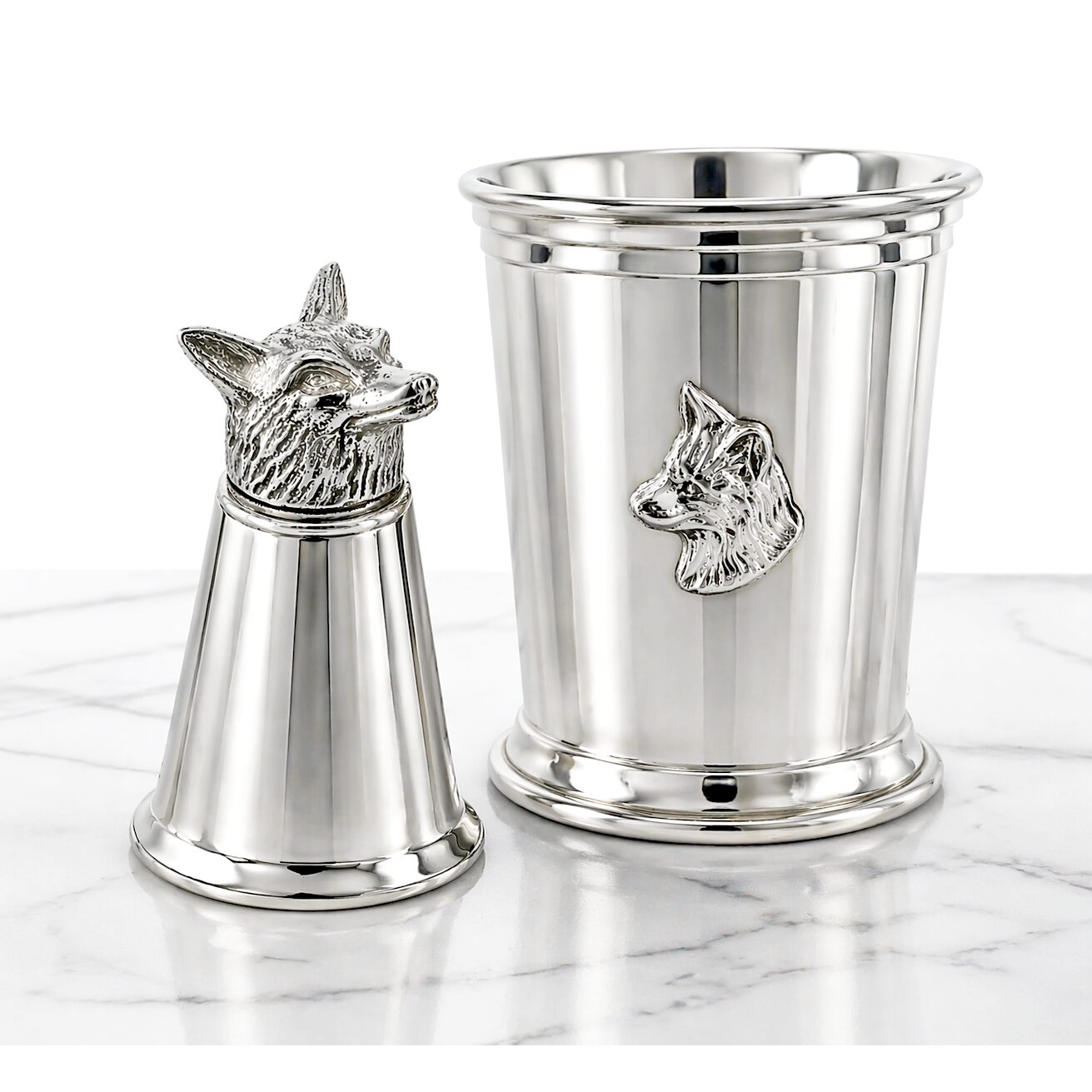 Cunill Fox Head Pewter Julep & Jigger Set-Handmade in the USA, pewter mint julep cup, on a white background