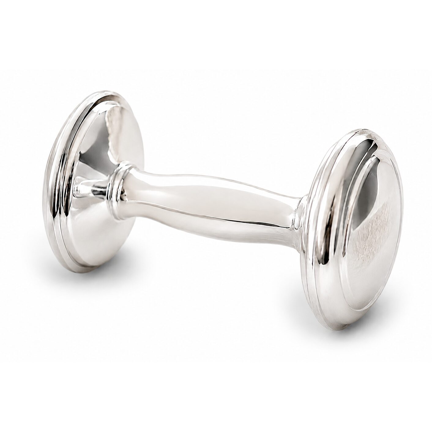 Cunill Plain Sterling Silver Baby Barbell Rattle, sterling silver baby rattle, on a white background