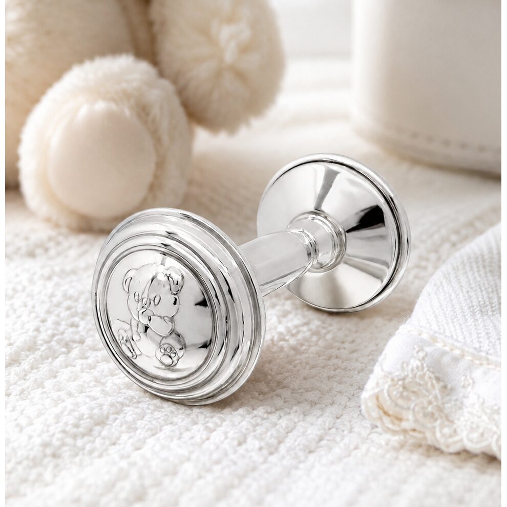 Cunill Teddy Bear Sterling Silver Baby Barbell Rattle — additional view