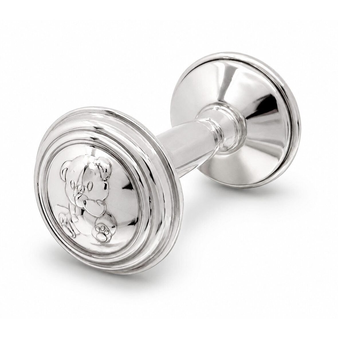 Cunill Teddy Bear Sterling Silver Baby Barbell Rattle, sterling silver baby rattle, on a white background