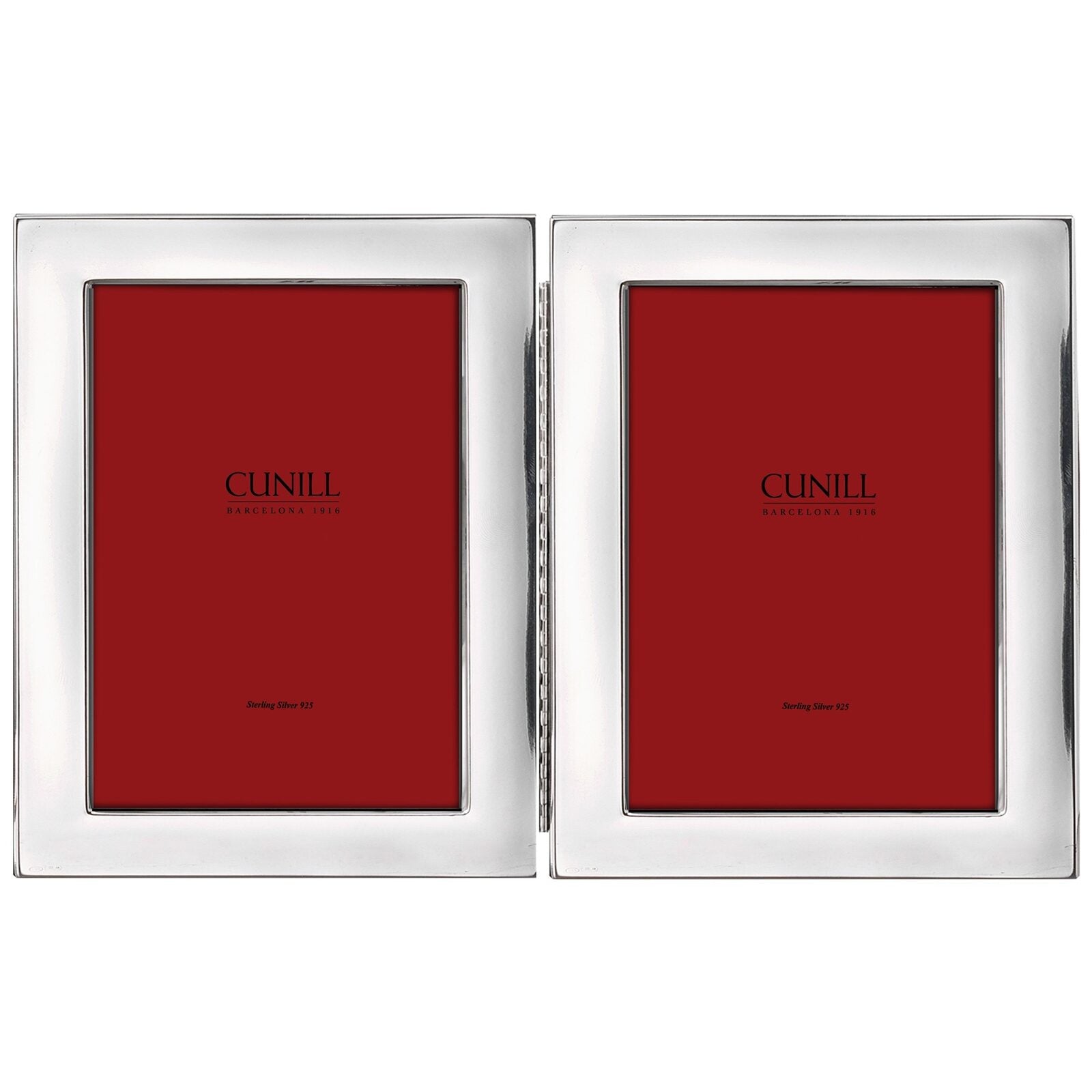 Cunill Tiffany Plain Non-Tarnish Sterling Silver Double 5x7 Folding Frame, sterling silver picture frame, on a white background