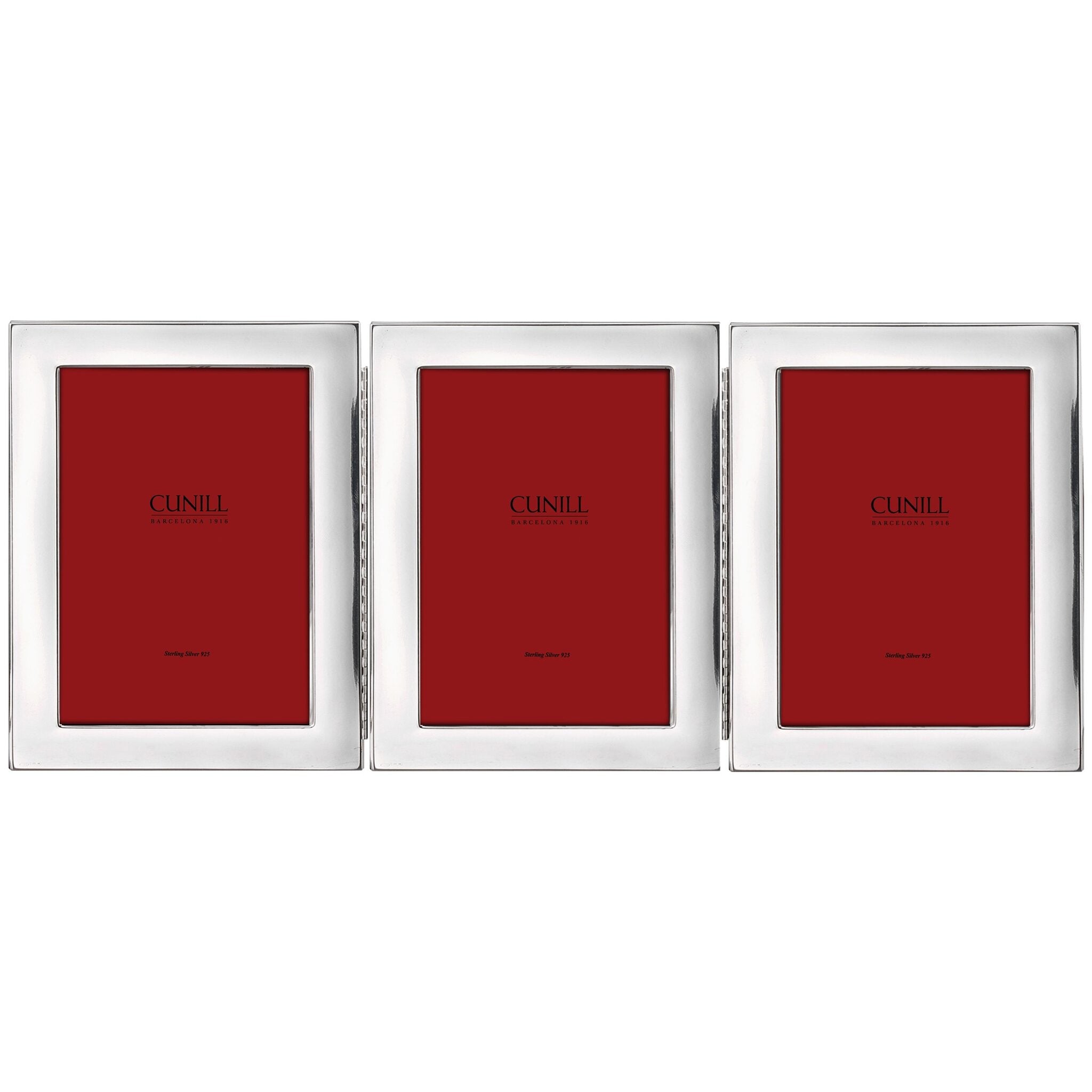 Cunill Tiffany Plain Non-Tarnish Sterling Silver Triple 4x6 Folding Frame, sterling silver picture frame, on a white background