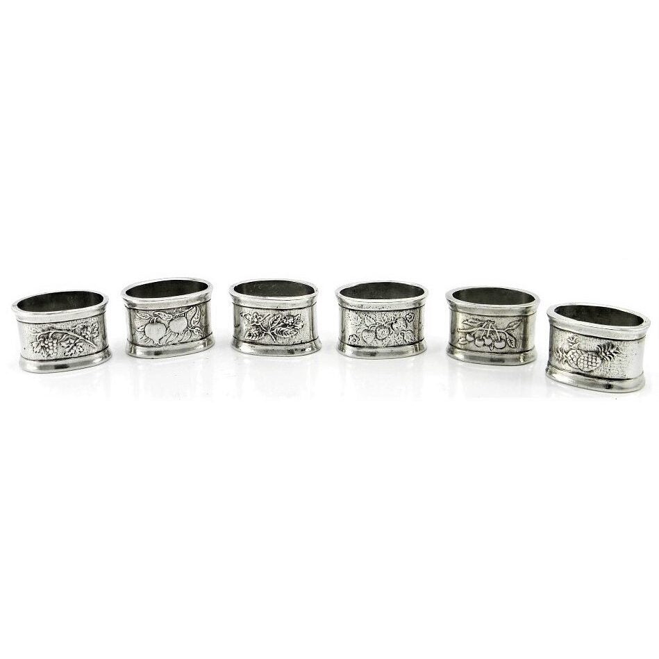 Cunill Vintage Fruit Pewter Engravable Napkin Rings Set of 6, pewter napkin ring, on a white background
