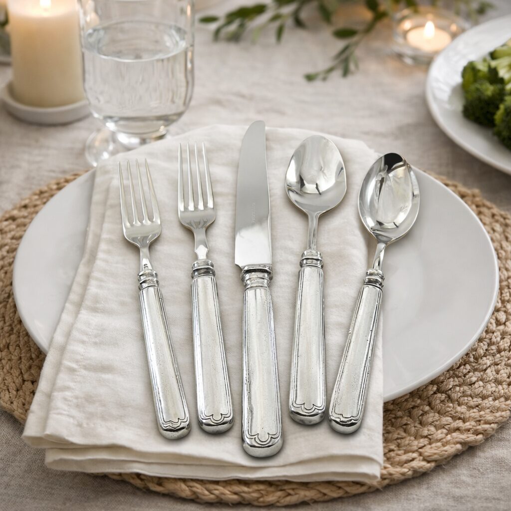 Cunill Vintage Pewter Filet 5 PC Flatware Set-Handmade in Italy, pewter flatware set, on a white background