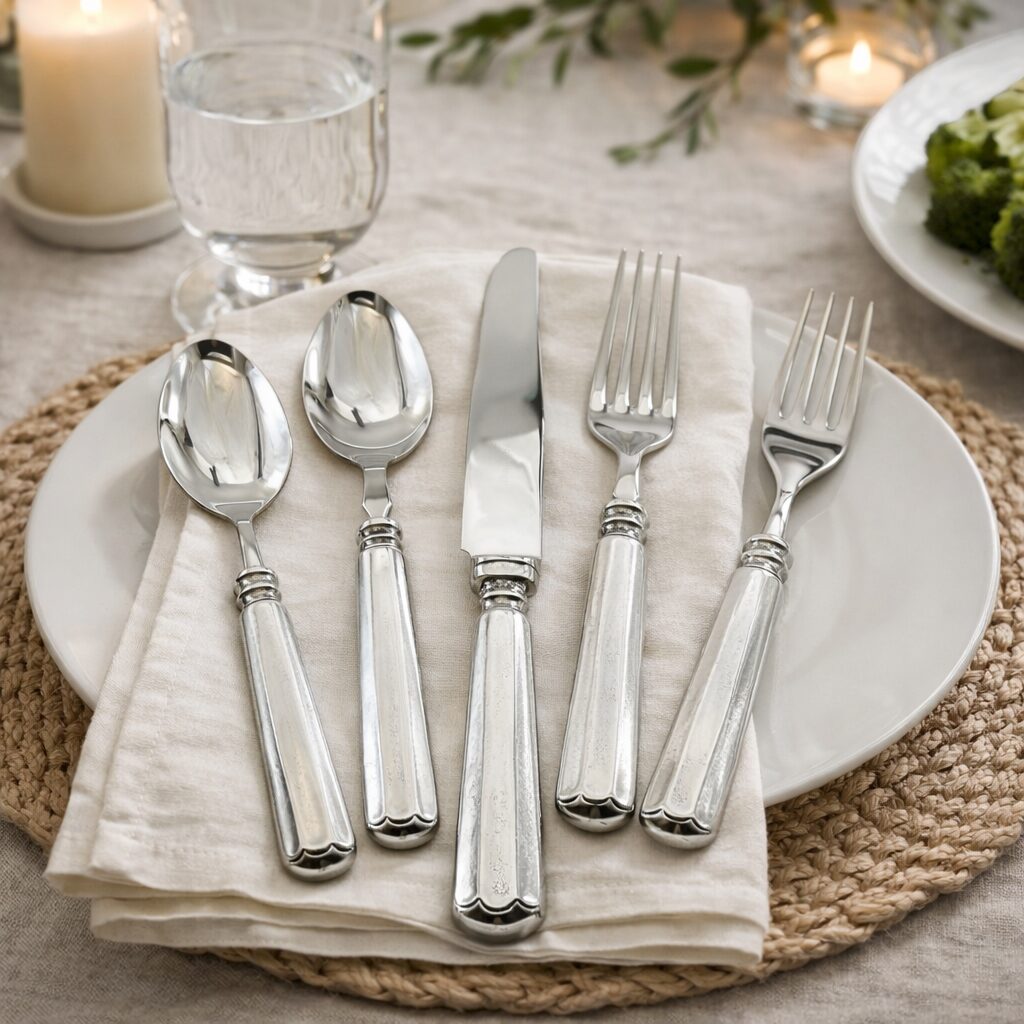 Cunill Vintage Pewter Ilton 5PC Flatware Set-Handmade in Italy, pewter flatware set, on a white background