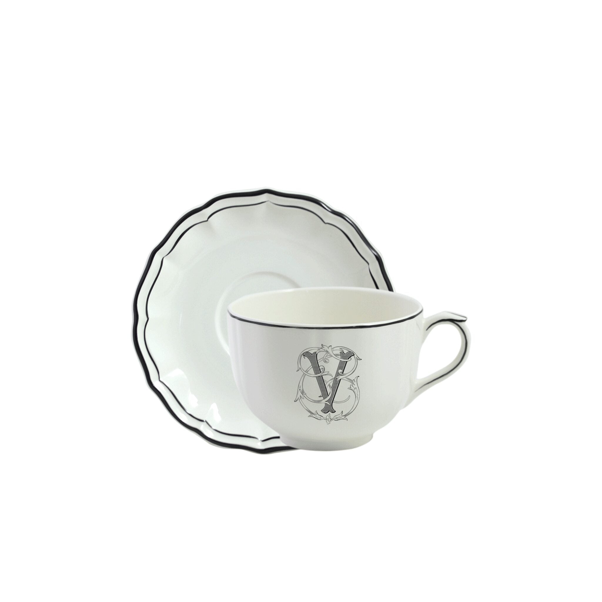 Gien Jumbo Cup & Saucer V - Filet Midnight Monogram Cup & Saucer Set