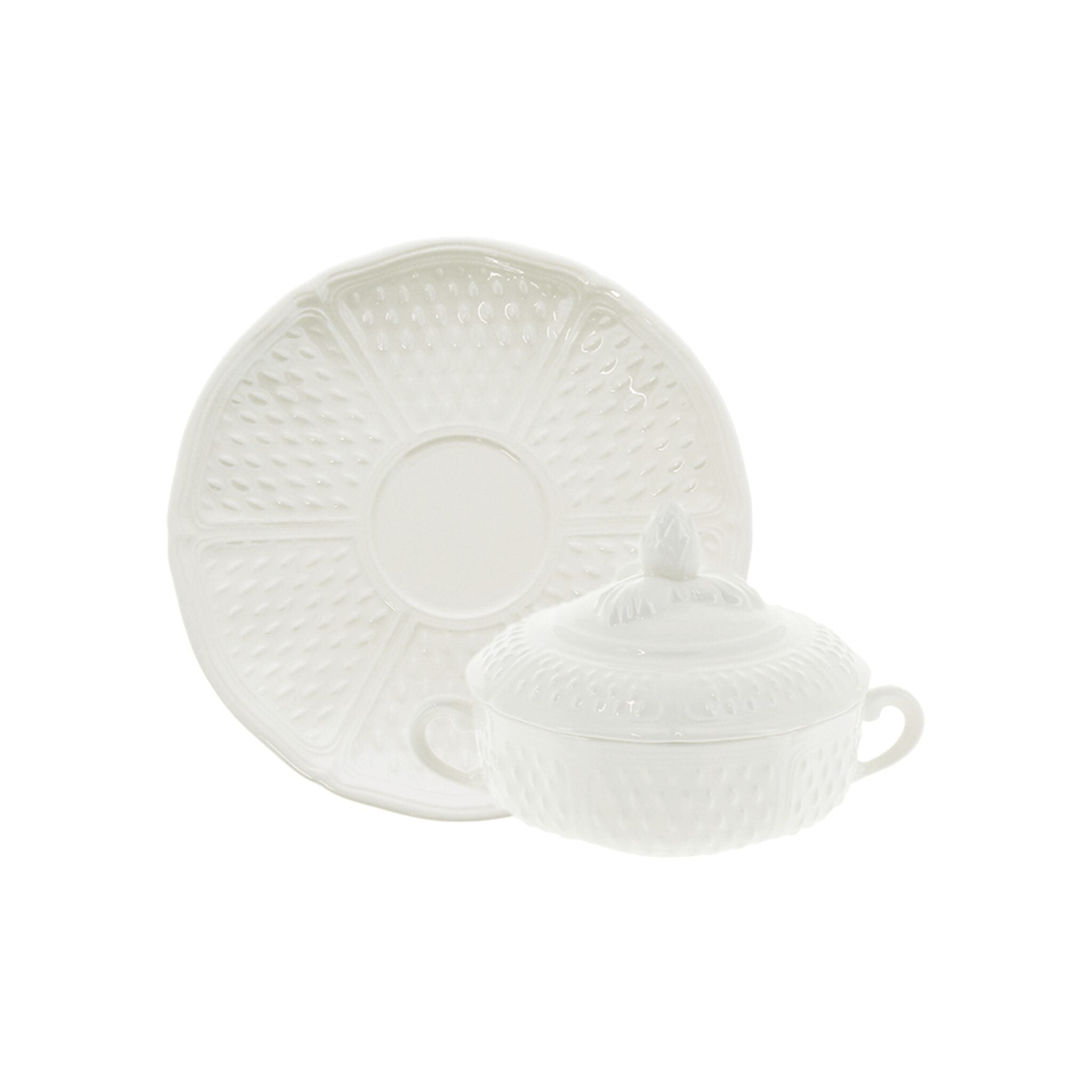 Gien Set of 2 Covered Bouillon Bowls with Lugs & Saucers - Pont Aux Choux White Bouillon Cup