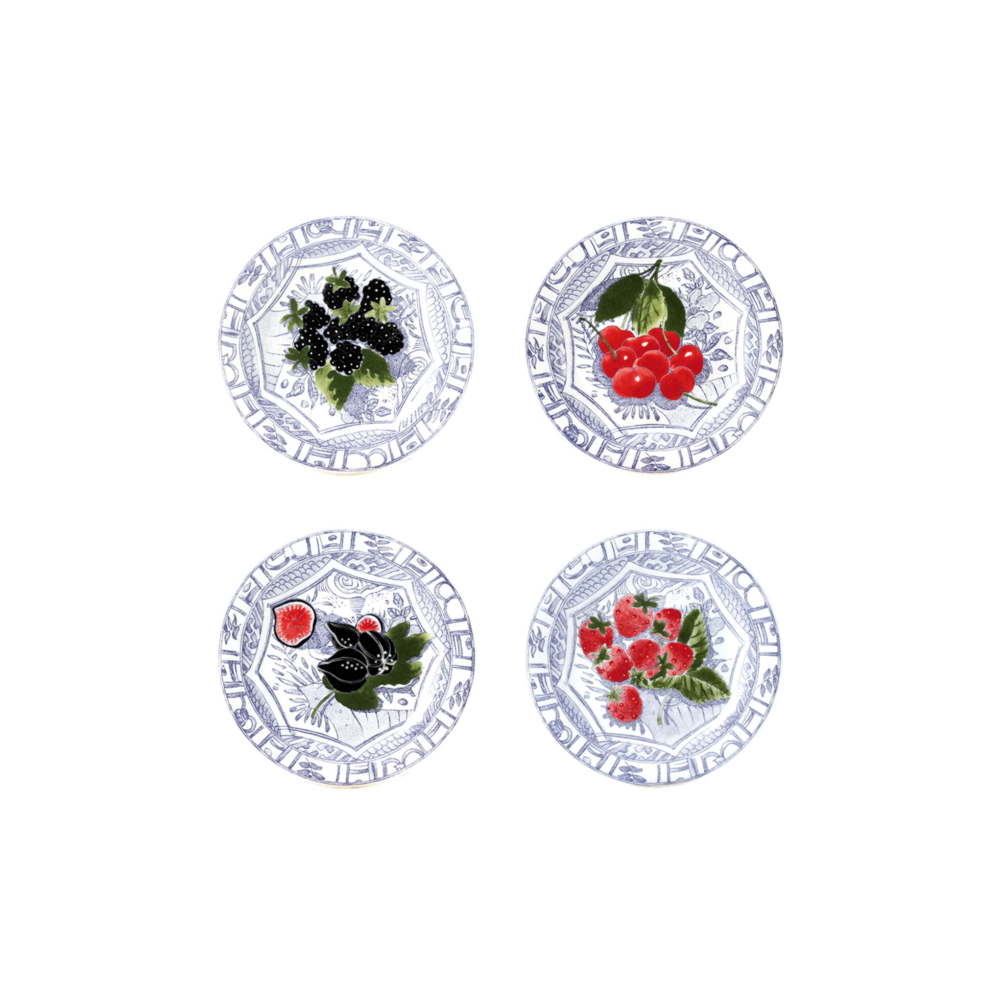 Gien Set of 4 Assorted Canape Plates - Oiseau Bleu Fruits