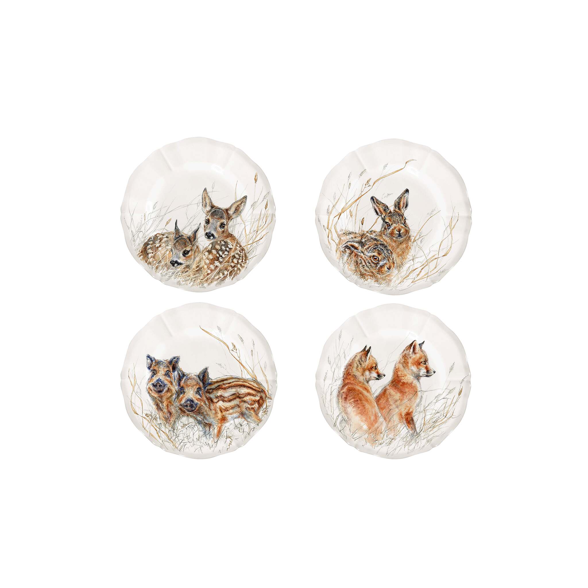Gien Set of 4 Assorted Canape Plates Wildlife Young - Sologne