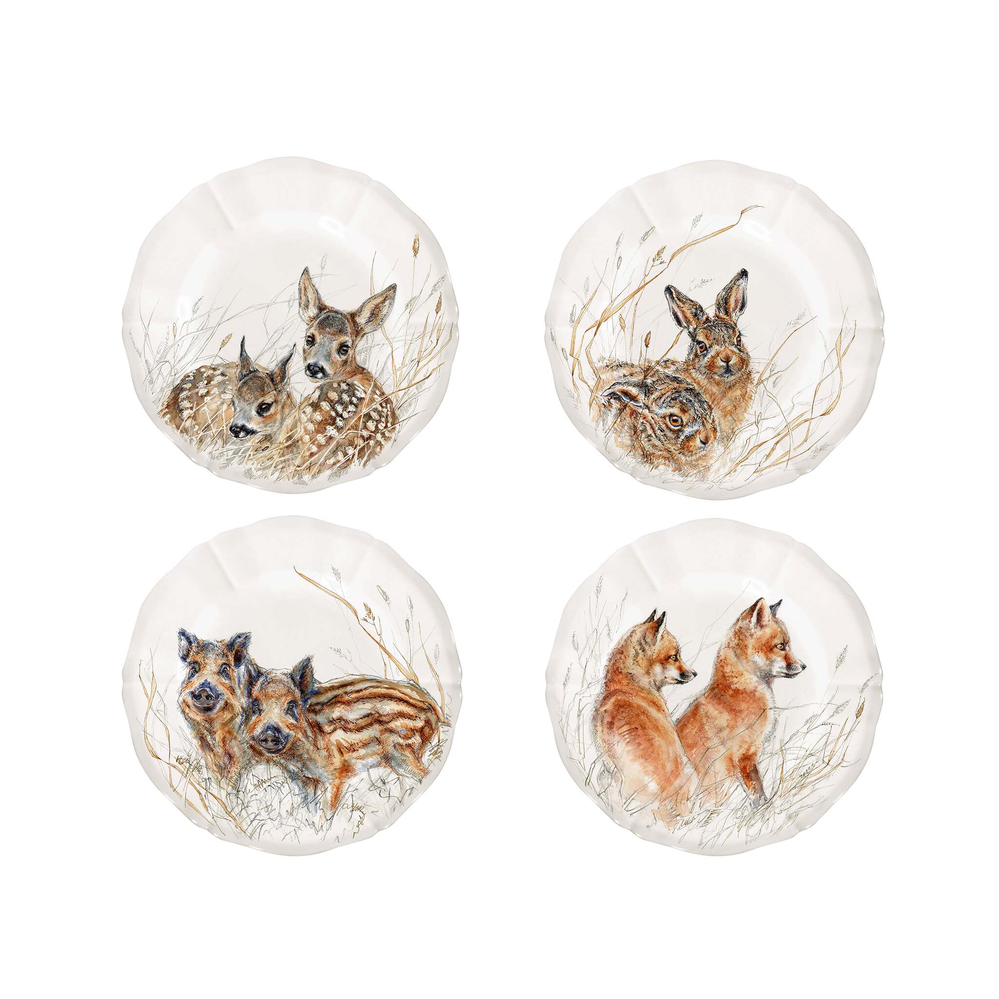 Gien Set of 4 Assorted Dessert Plates Wildlife Young - Sologne
