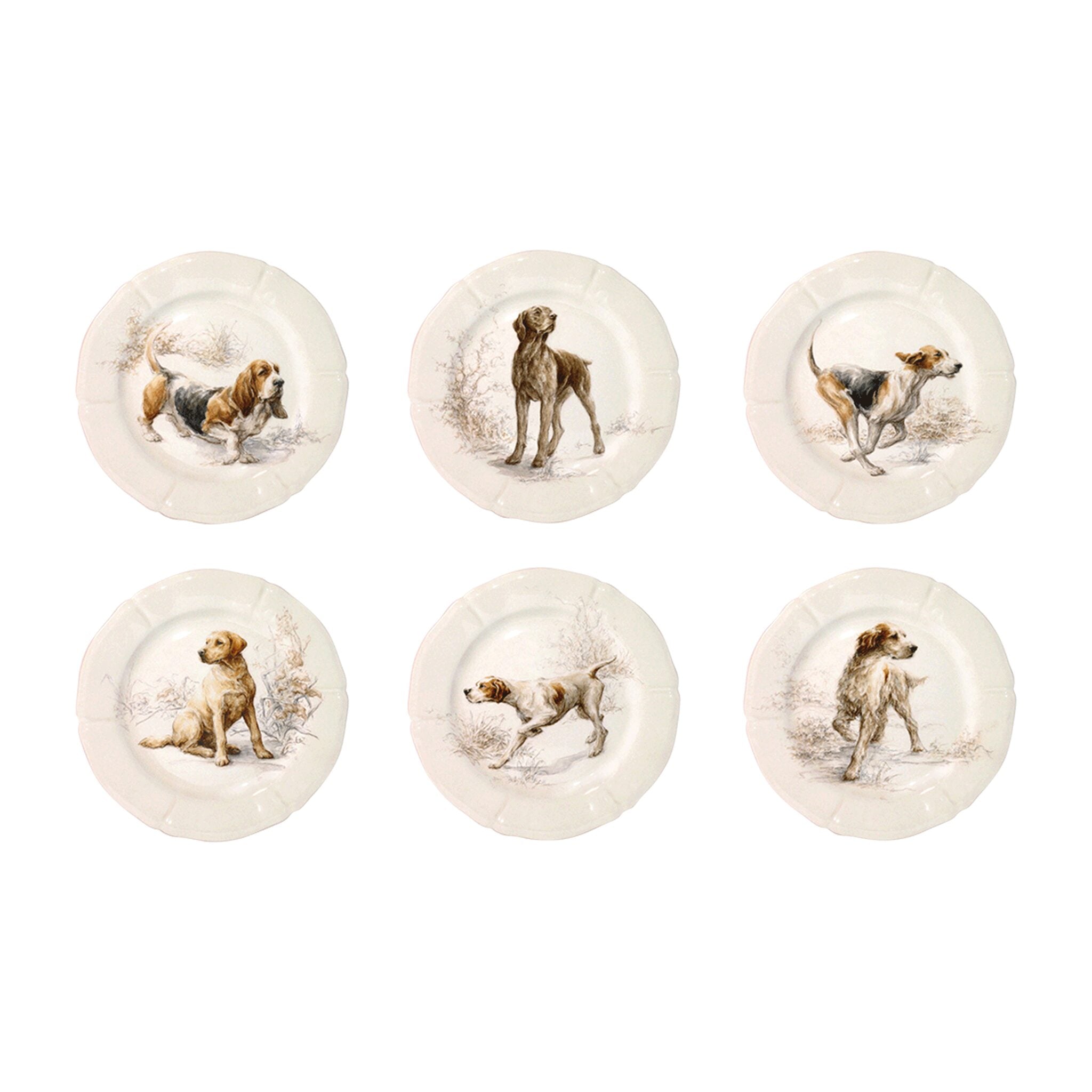 Gien Set of 6 Assorted Dessert Plates Dogs - Sologne
