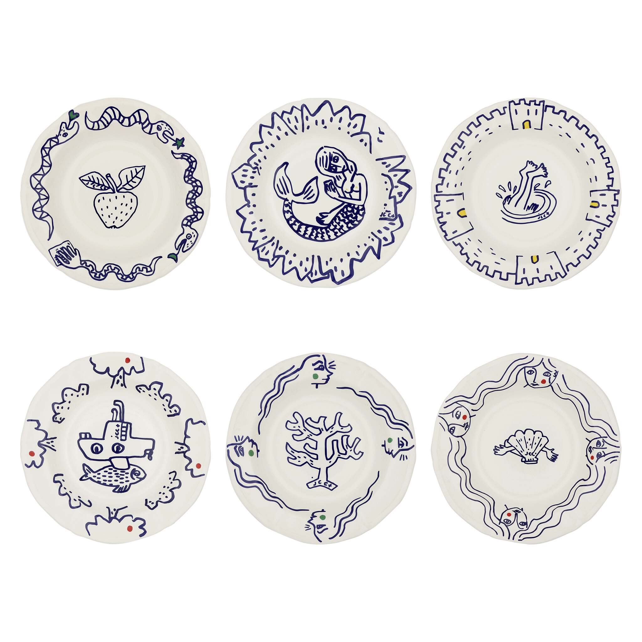 Gien Set of 6 Assorted Rim Soups - L'Archipel Sentimental Soup Plates & Rimmed Soup Bowl