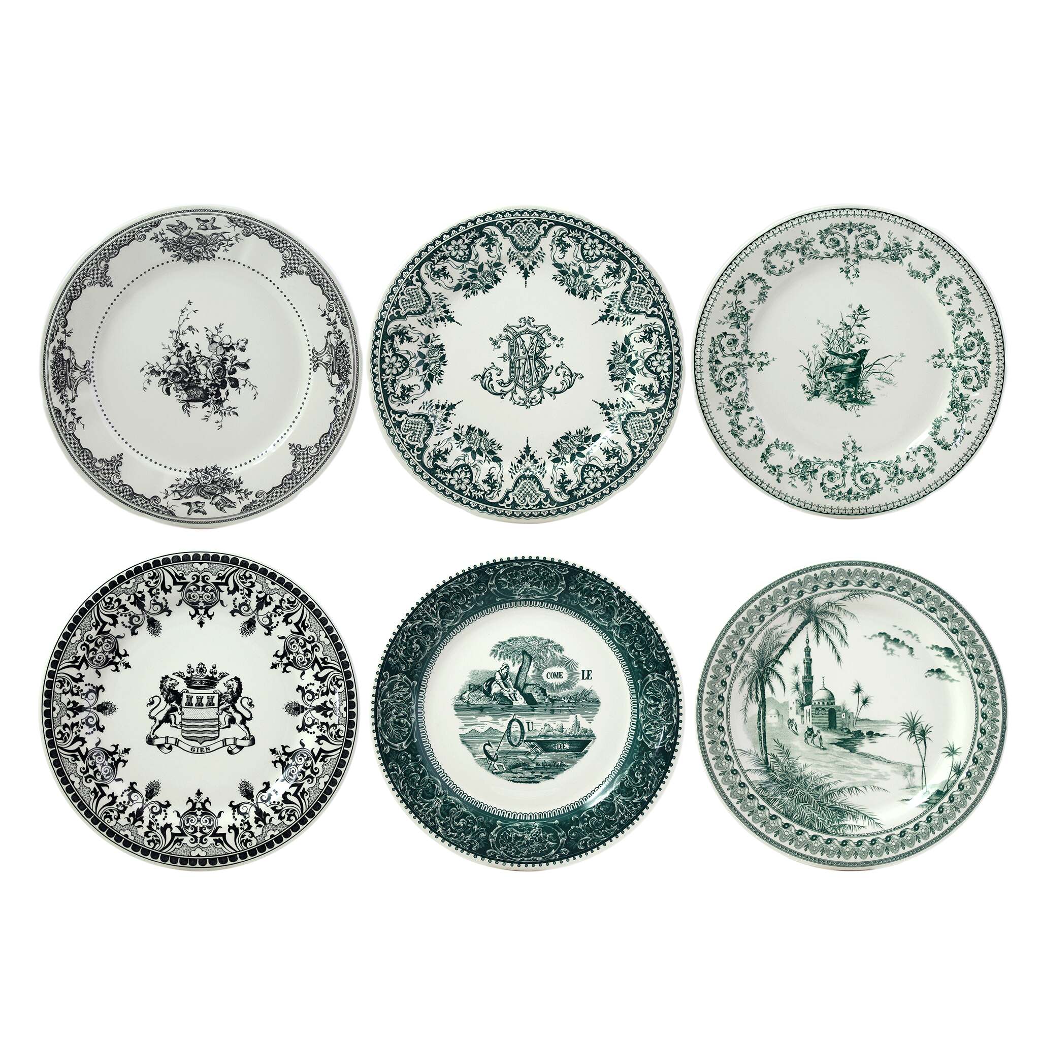Gien Set of 6 Dinner Plates Assorted - Les Dépareillées Green