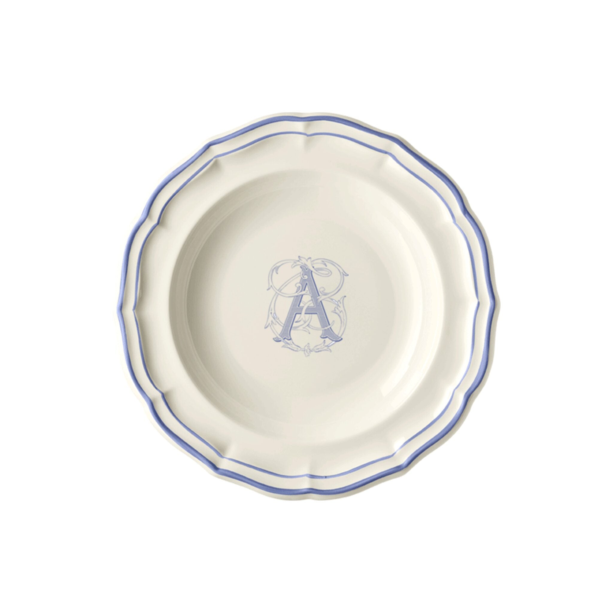 Gien Set of 6 Rim Soups A - Filet Blue Monogram Soup Plates & Rimmed Soup Bowl