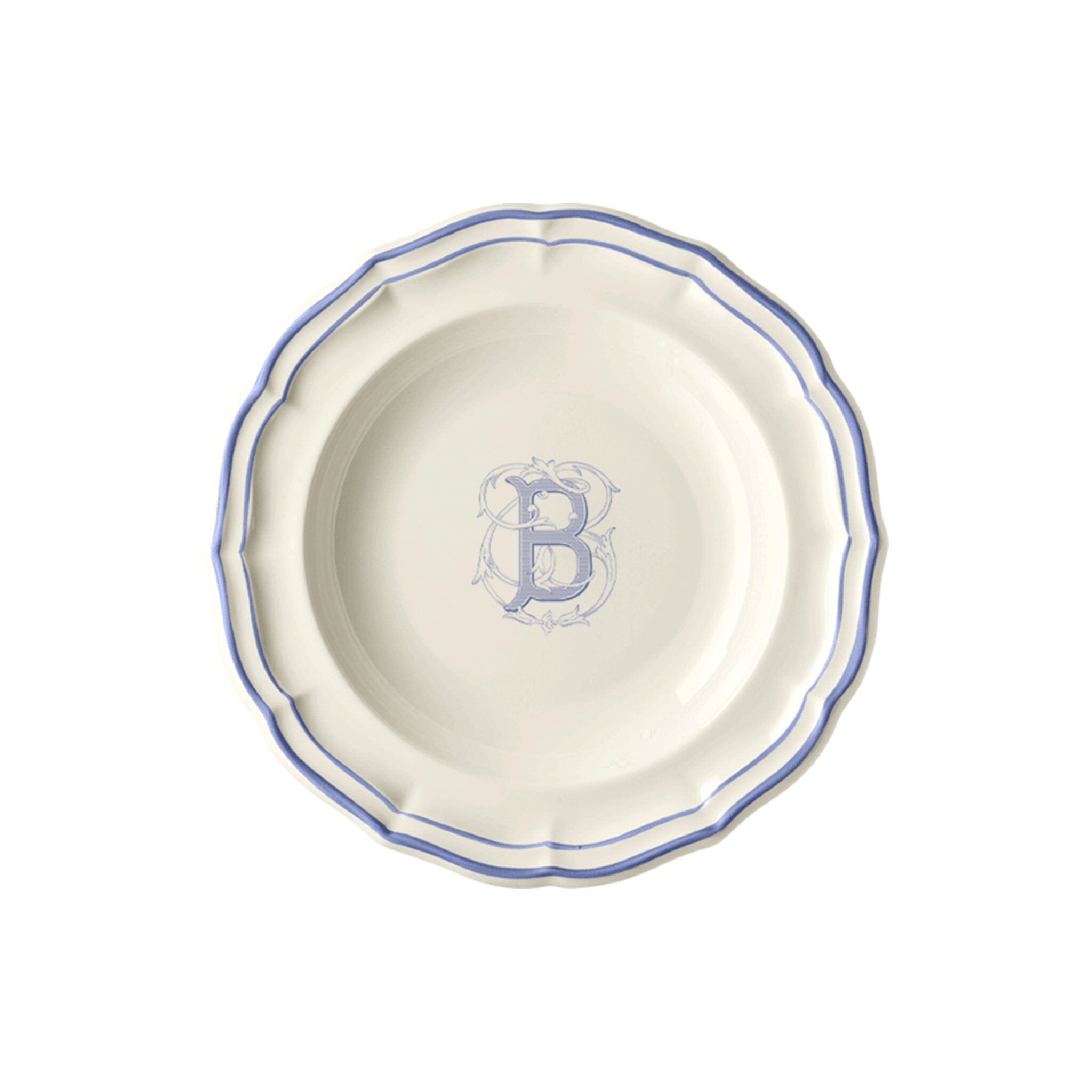 Gien Set of 6 Rim Soups B - Filet Blue Monogram Soup Plates & Rimmed Soup Bowl