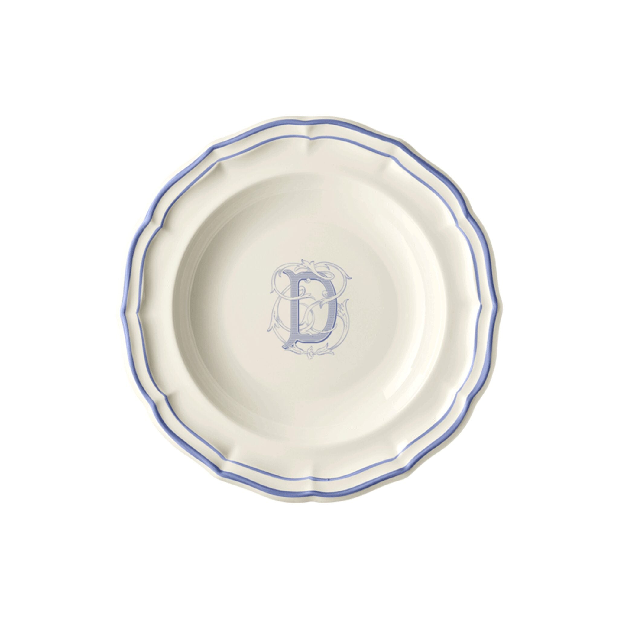 Gien Set of 6 Rim Soups D - Filet Blue Monogram Soup Plates & Rimmed Soup Bowl