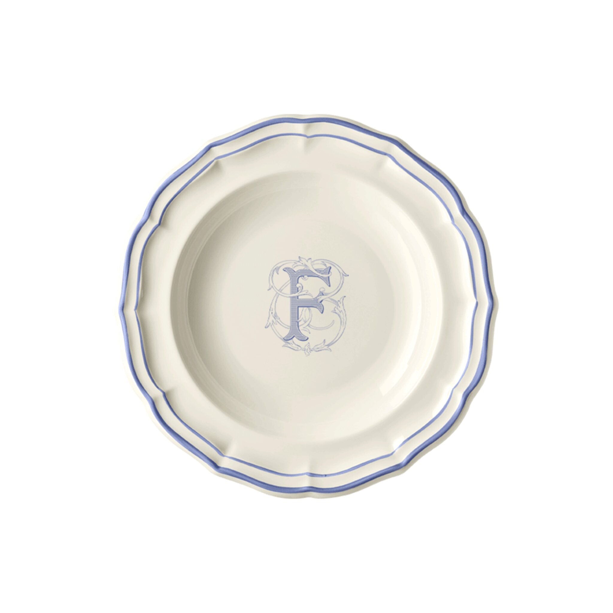 Gien Set of 6 Rim Soups F - Filet Blue Monogram Soup Plates & Rimmed Soup Bowl