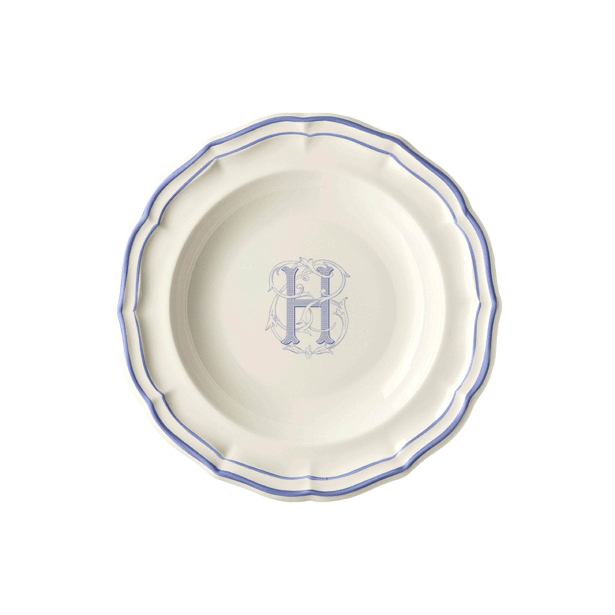 Gien Set of 6 Rim Soups H - Filet Blue Monogram Soup Plates & Rimmed Soup Bowl