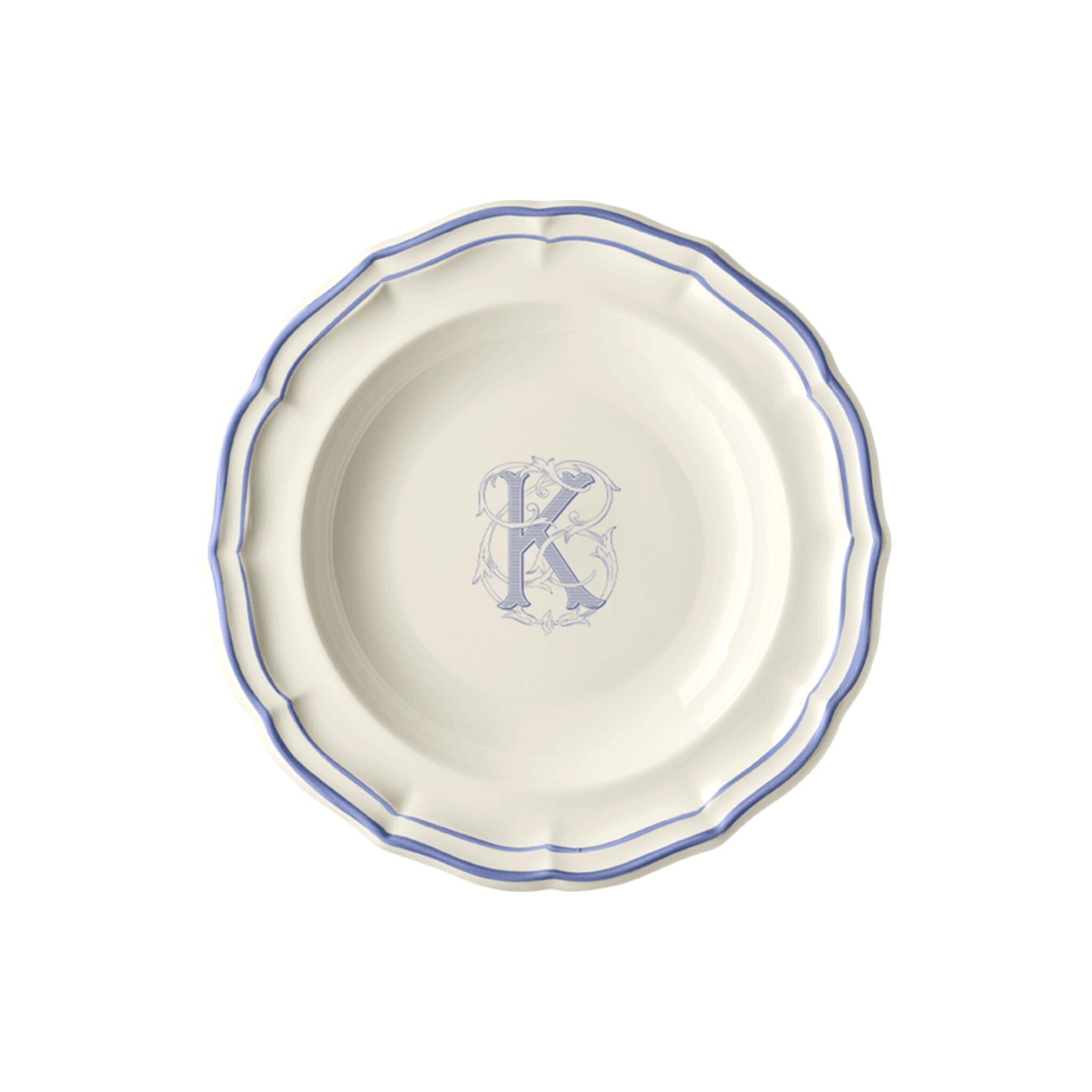 Gien Set of 6 Rim Soups K - Filet Blue Monogram Soup Plates & Rimmed Soup Bowl