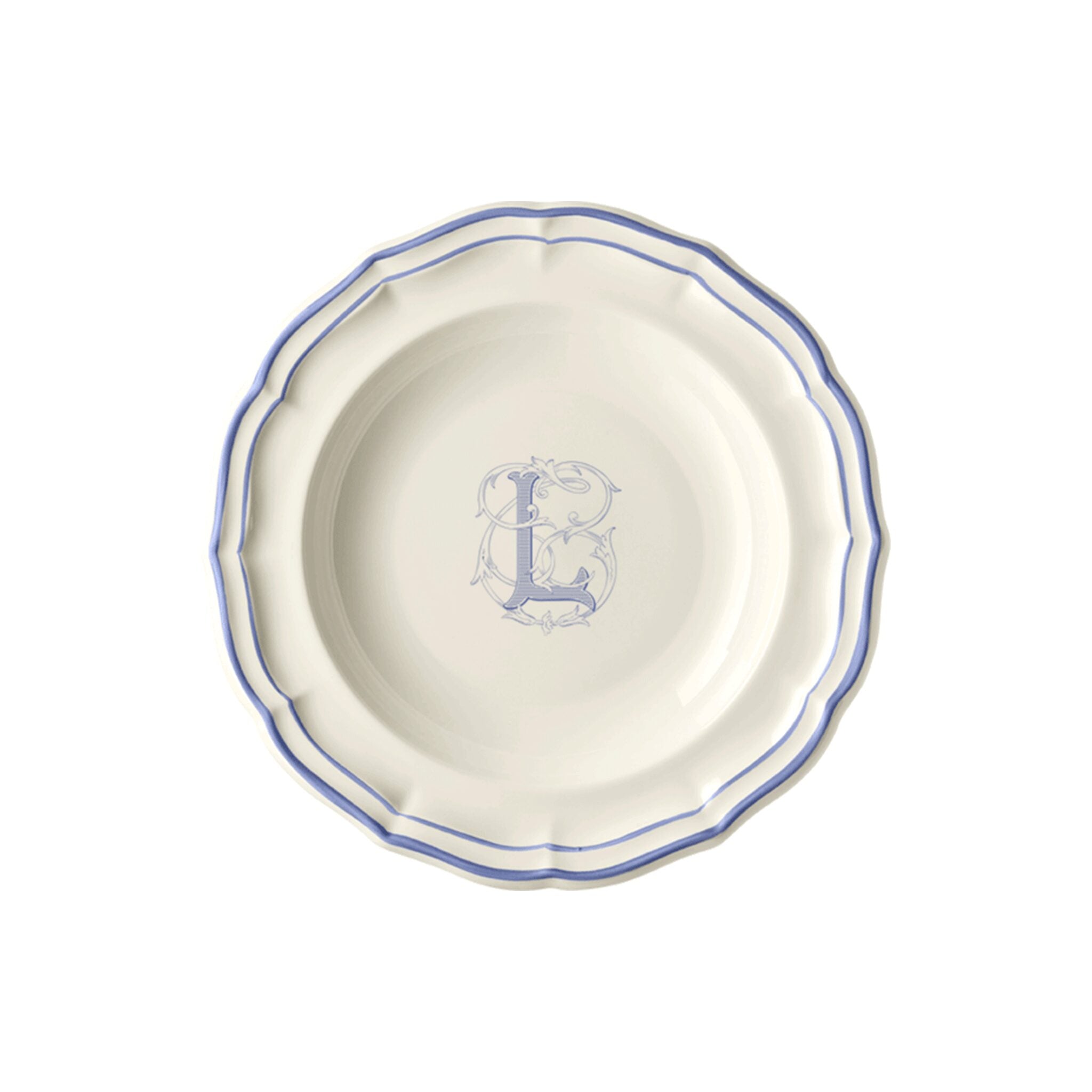 Gien Set of 6 Rim Soups L - Filet Blue Monogram Soup Plates & Rimmed Soup Bowl