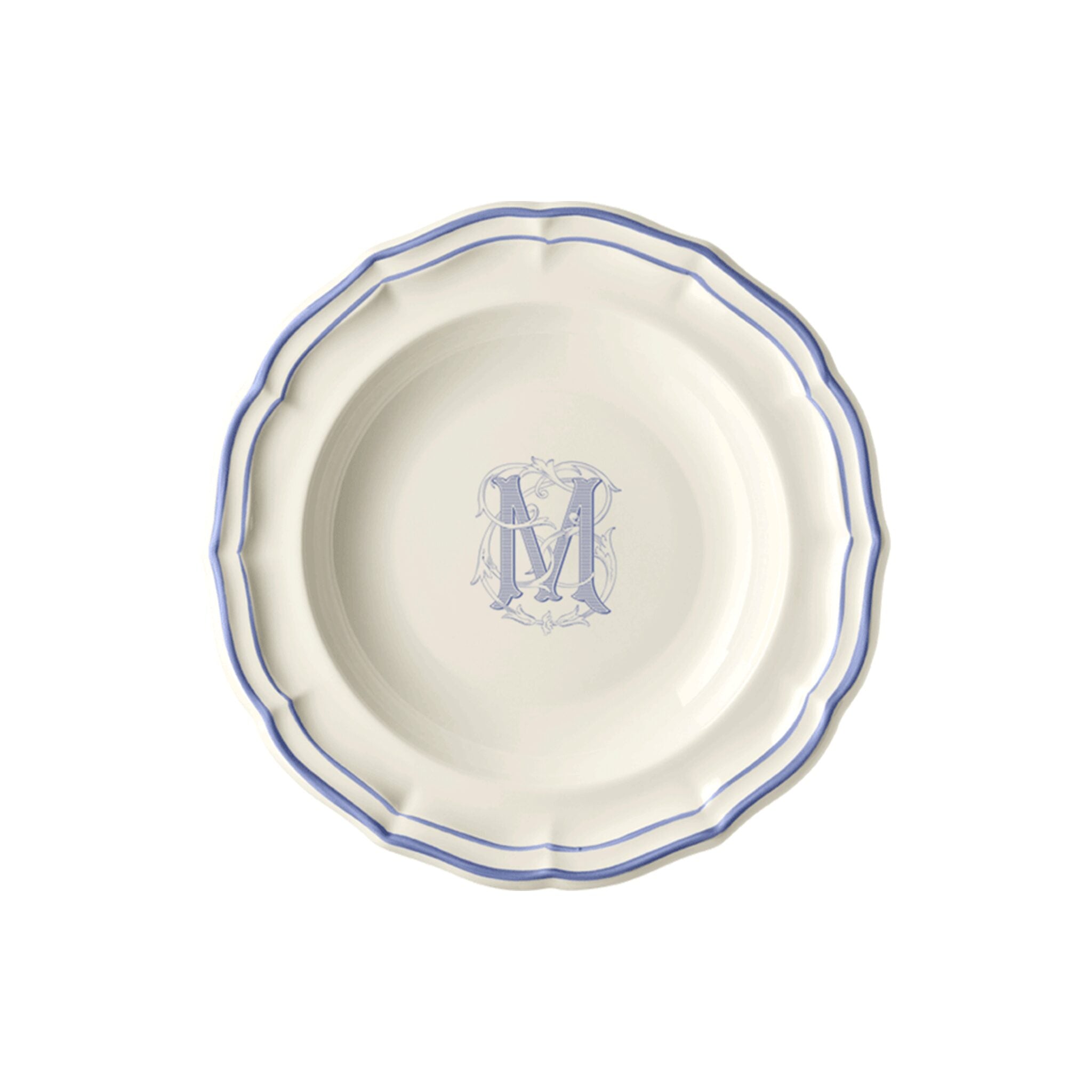 Gien Set of 6 Rim Soups M - Filet Blue Monogram Soup Plates & Rimmed Soup Bowl