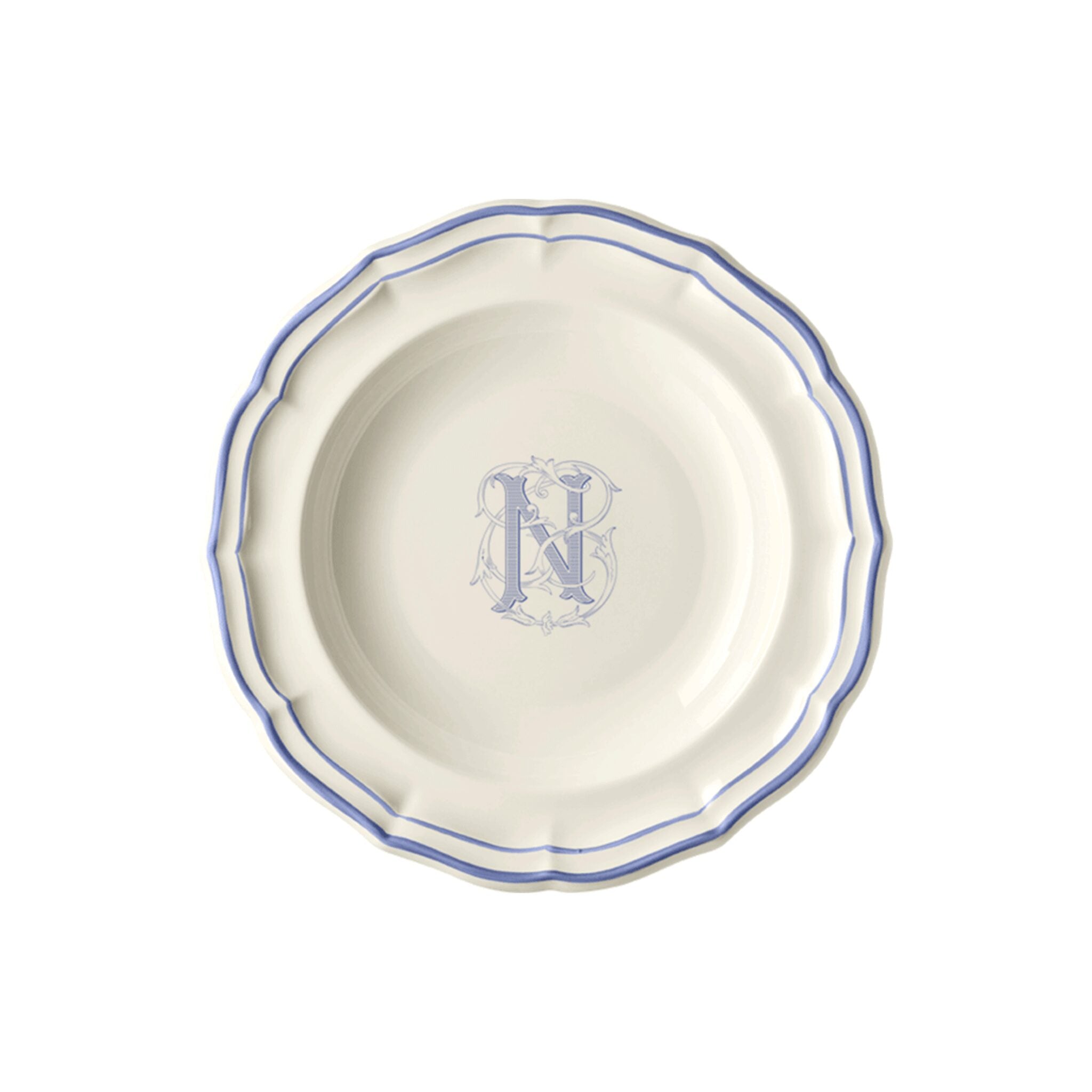 Gien Set of 6 Rim Soups N - Filet Blue Monogram Soup Plates & Rimmed Soup Bowl