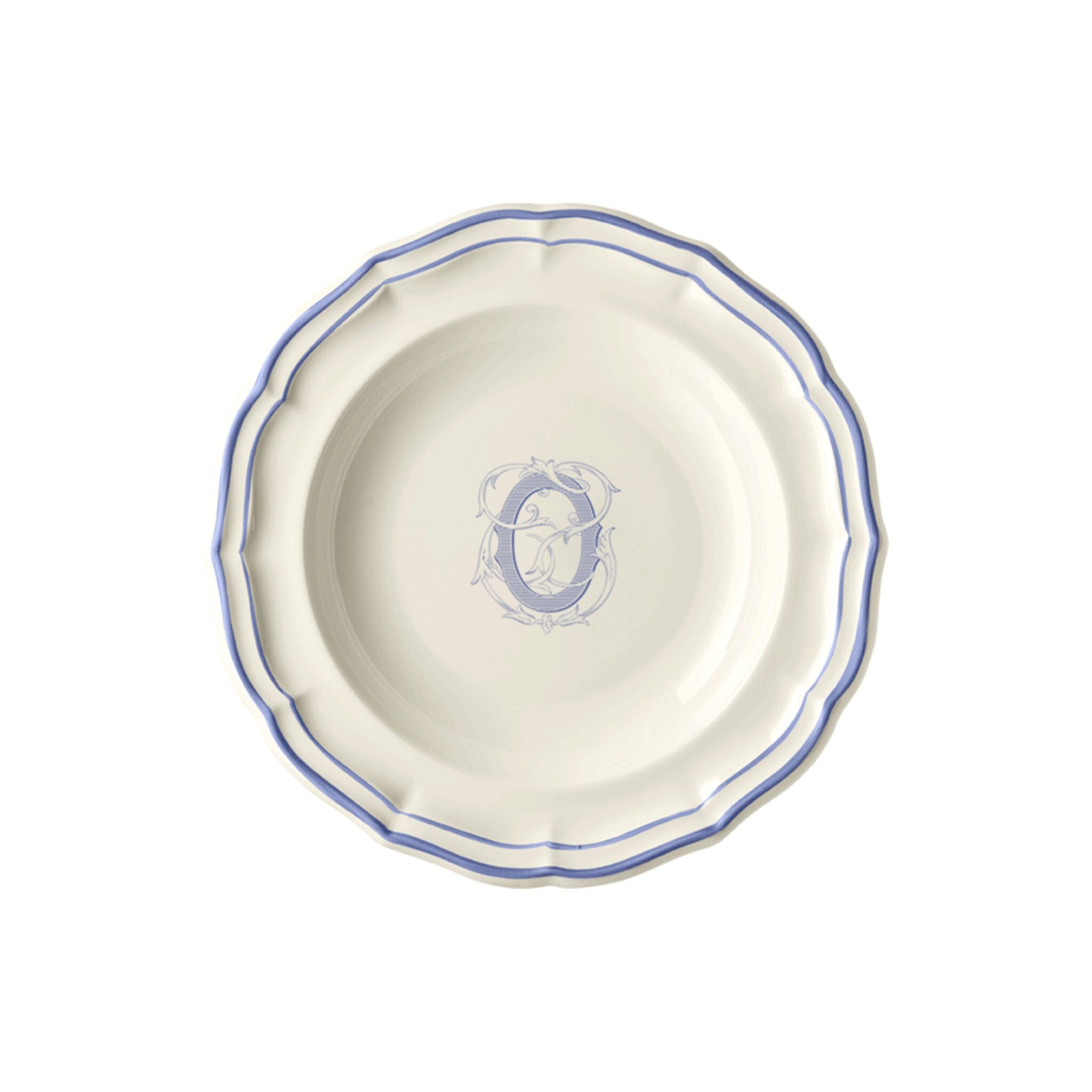 Gien Set of 6 Rim Soups O - Filet Blue Monogram Soup Plates & Rimmed Soup Bowl