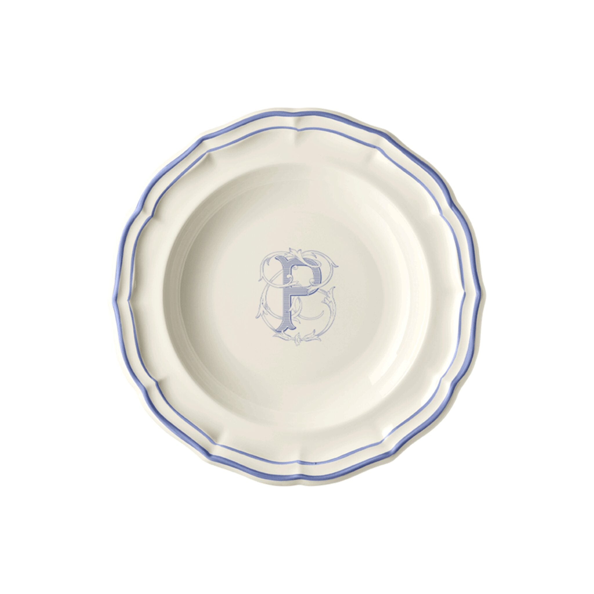 Gien Set of 6 Rim Soups P - Filet Blue Monogram Soup Plates & Rimmed Soup Bowl