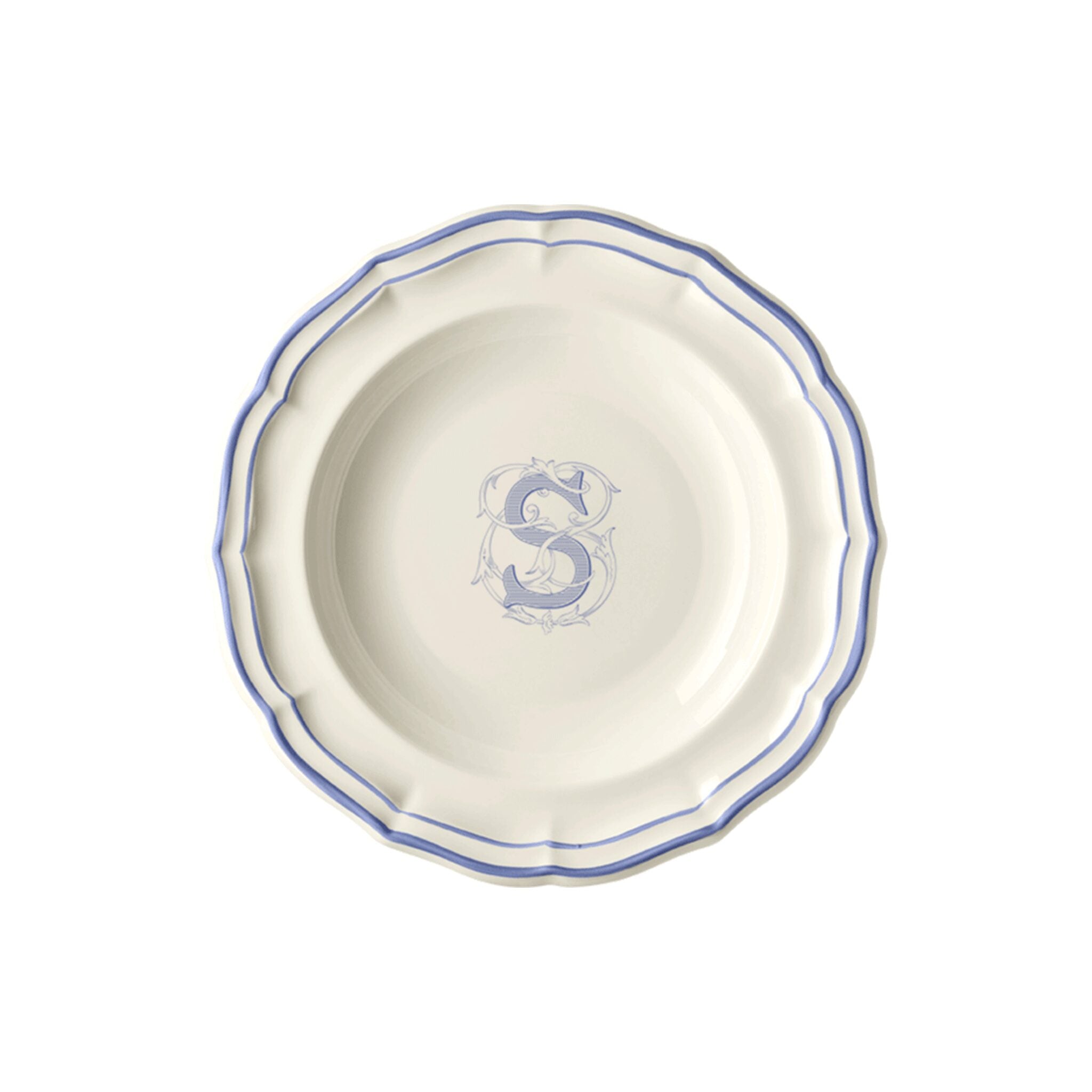 Gien Set of 6 Rim Soups S - Filet Blue Monogram Soup Plates & Rimmed Soup Bowl