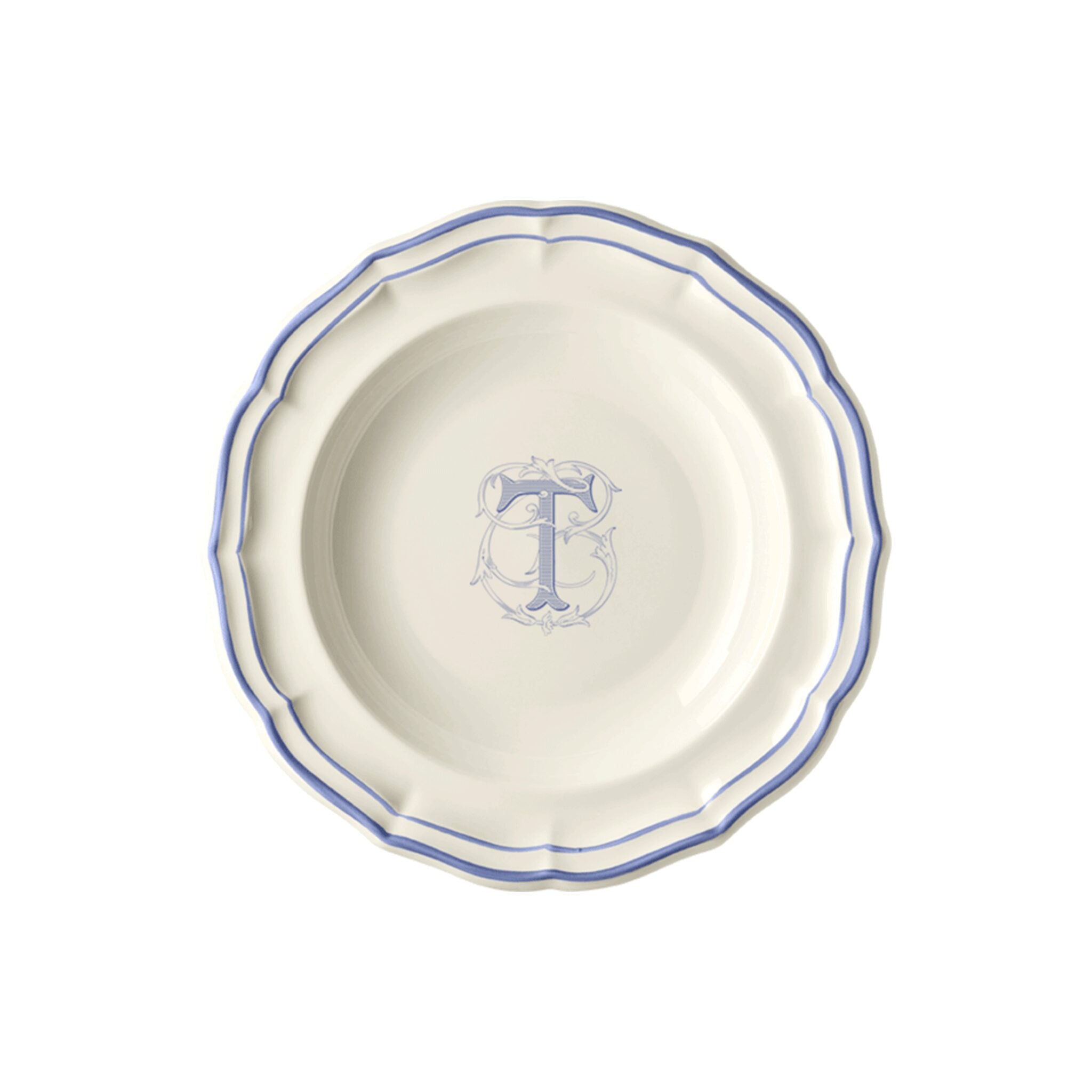 Gien Set of 6 Rim Soups T - Filet Blue Monogram Soup Plates & Rimmed Soup Bowl