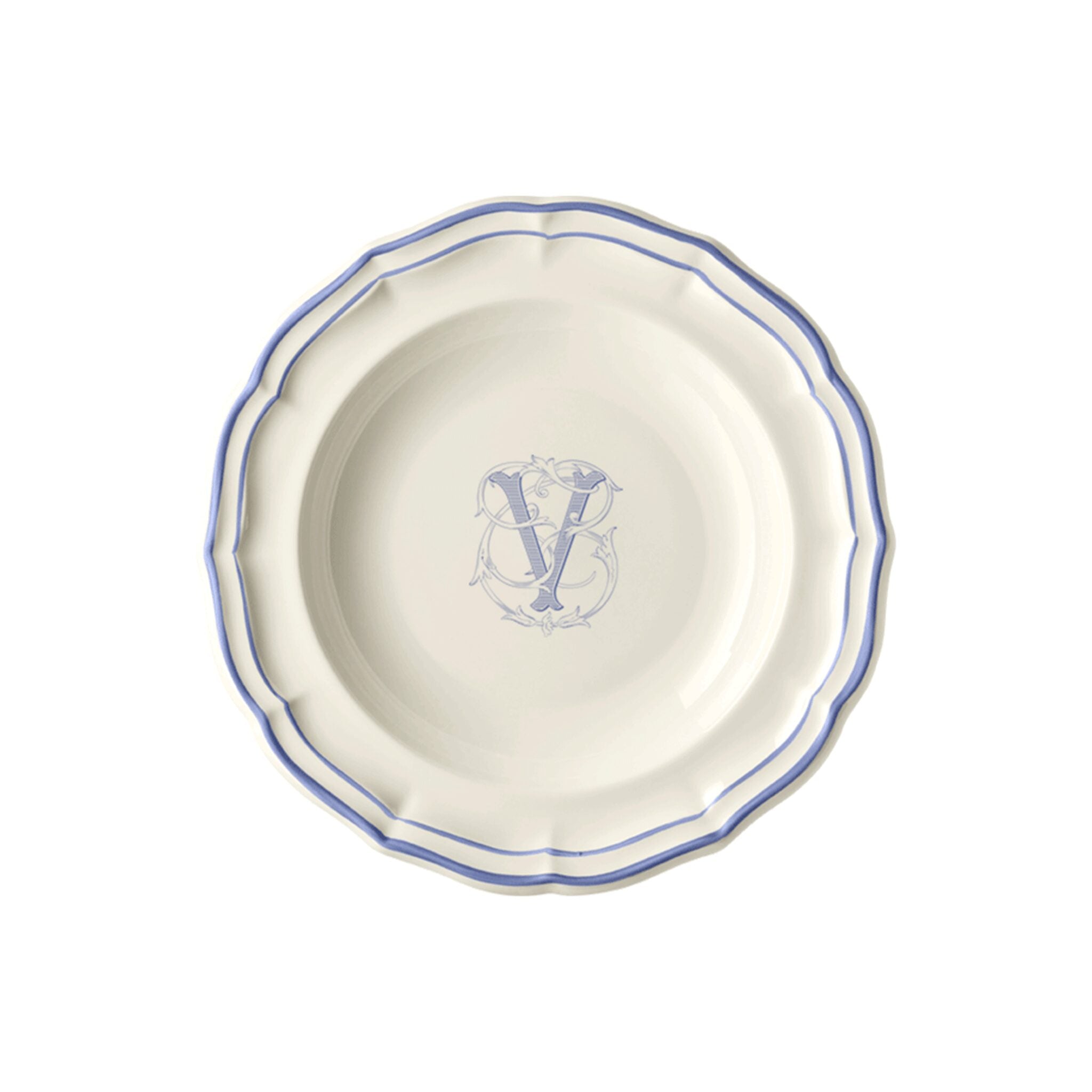 Gien Set of 6 Rim Soups V - Filet Blue Monogram Soup Plates & Rimmed Soup Bowl