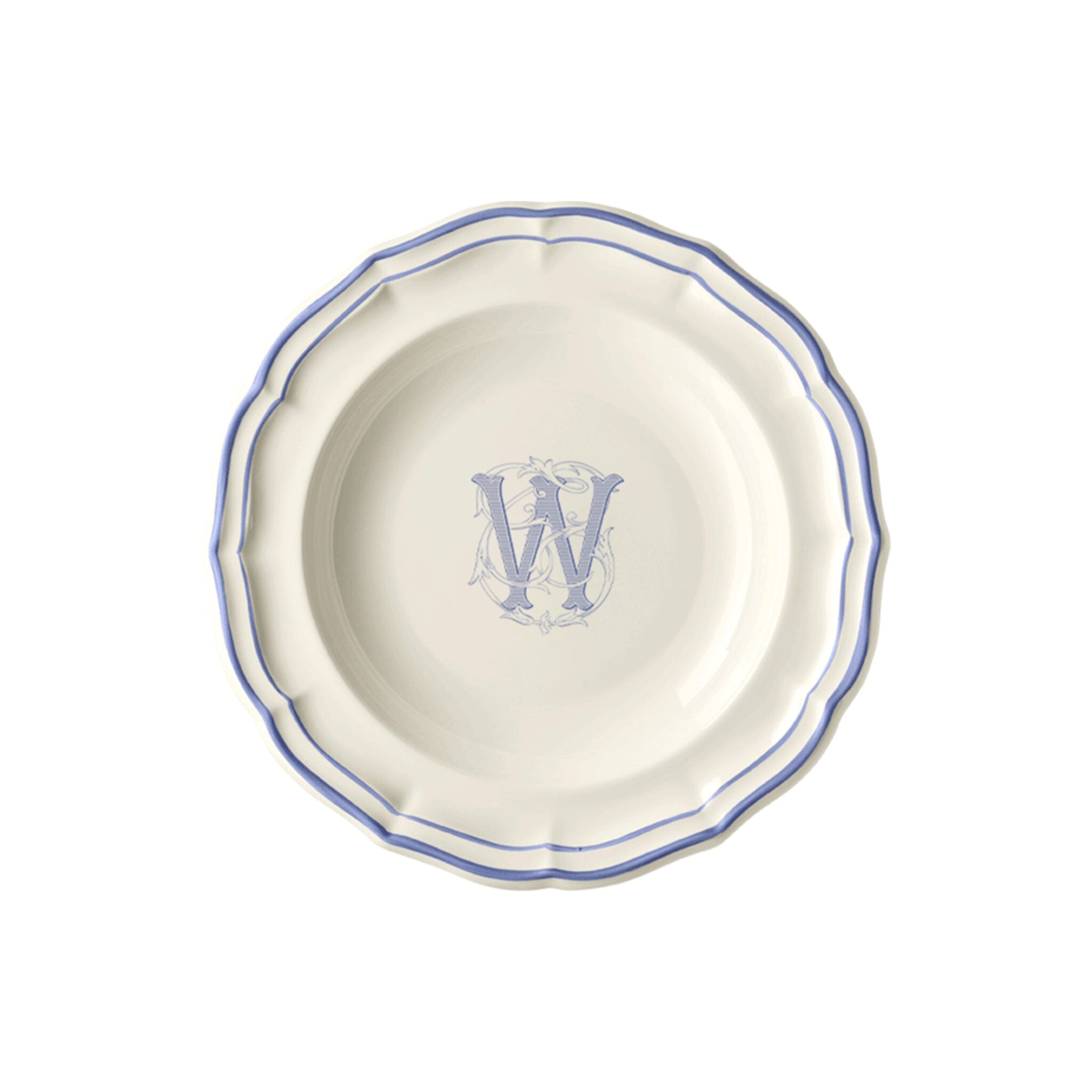 Gien Set of 6 Rim Soups W - Filet Blue Monogram Soup Plates & Rimmed Soup Bowl