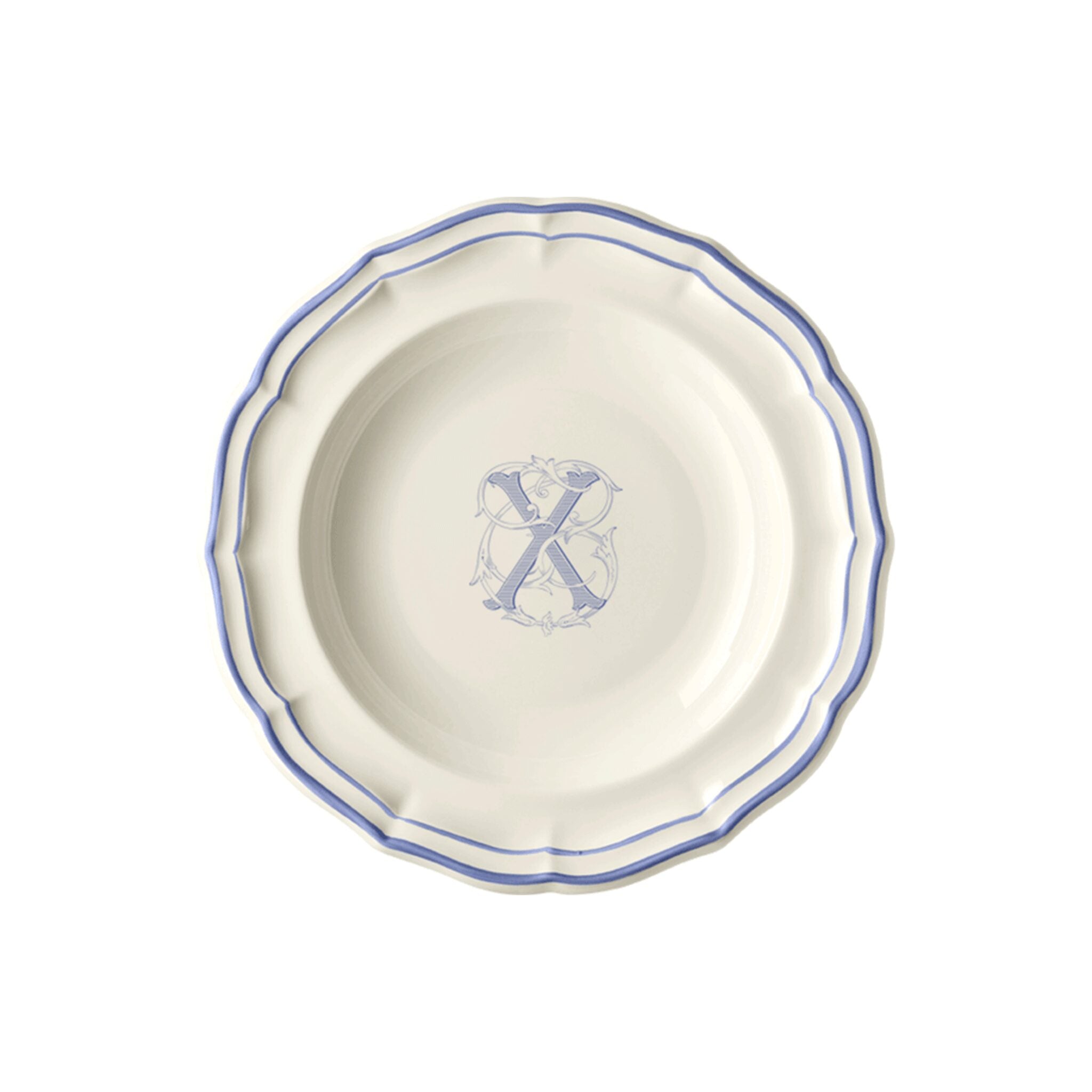 Gien Set of 6 Rim Soups X - Filet Blue Monogram Soup Plates & Rimmed Soup Bowl